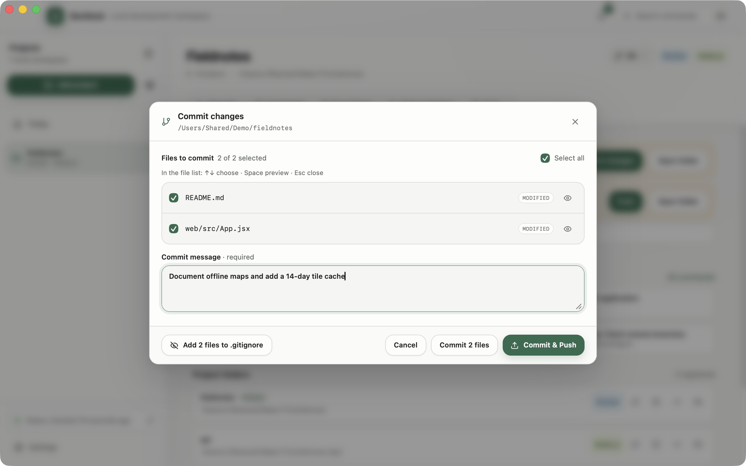 DevDock guided commit dialog with two changed files selected and a commit message ready