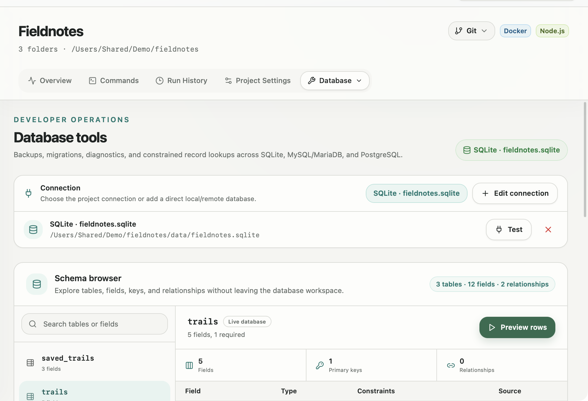 DevDock database connection and schema tools