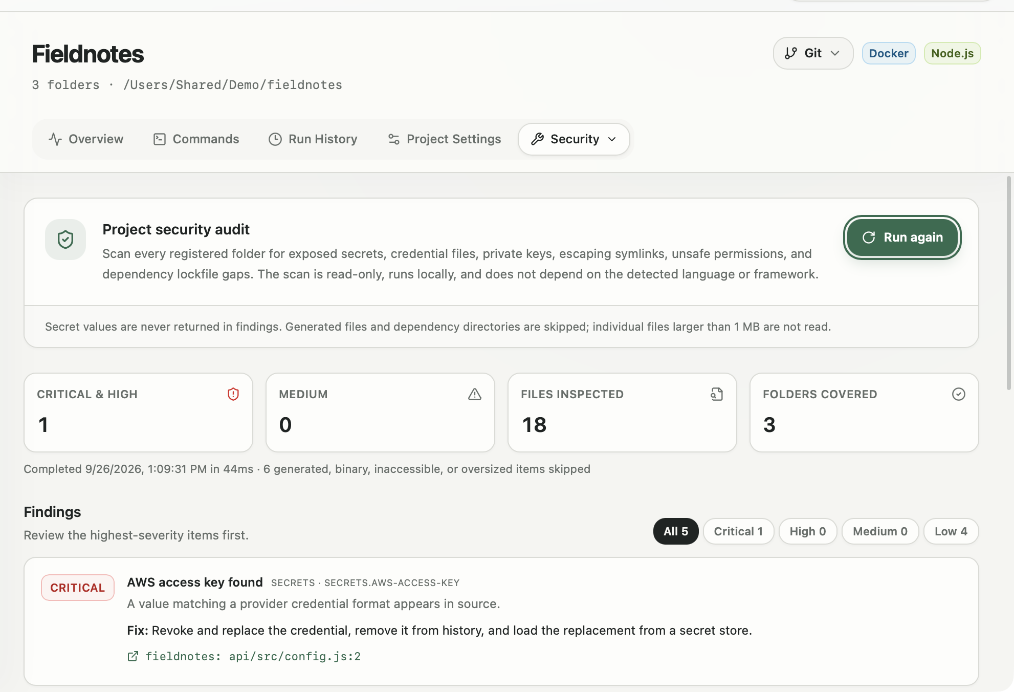 DevDock local security audit with findings and severity counts