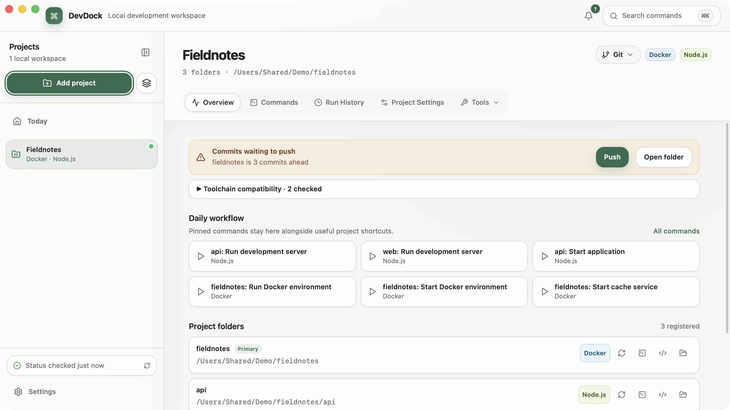 DevDock project overview showing project health, daily workflow, and registered folders