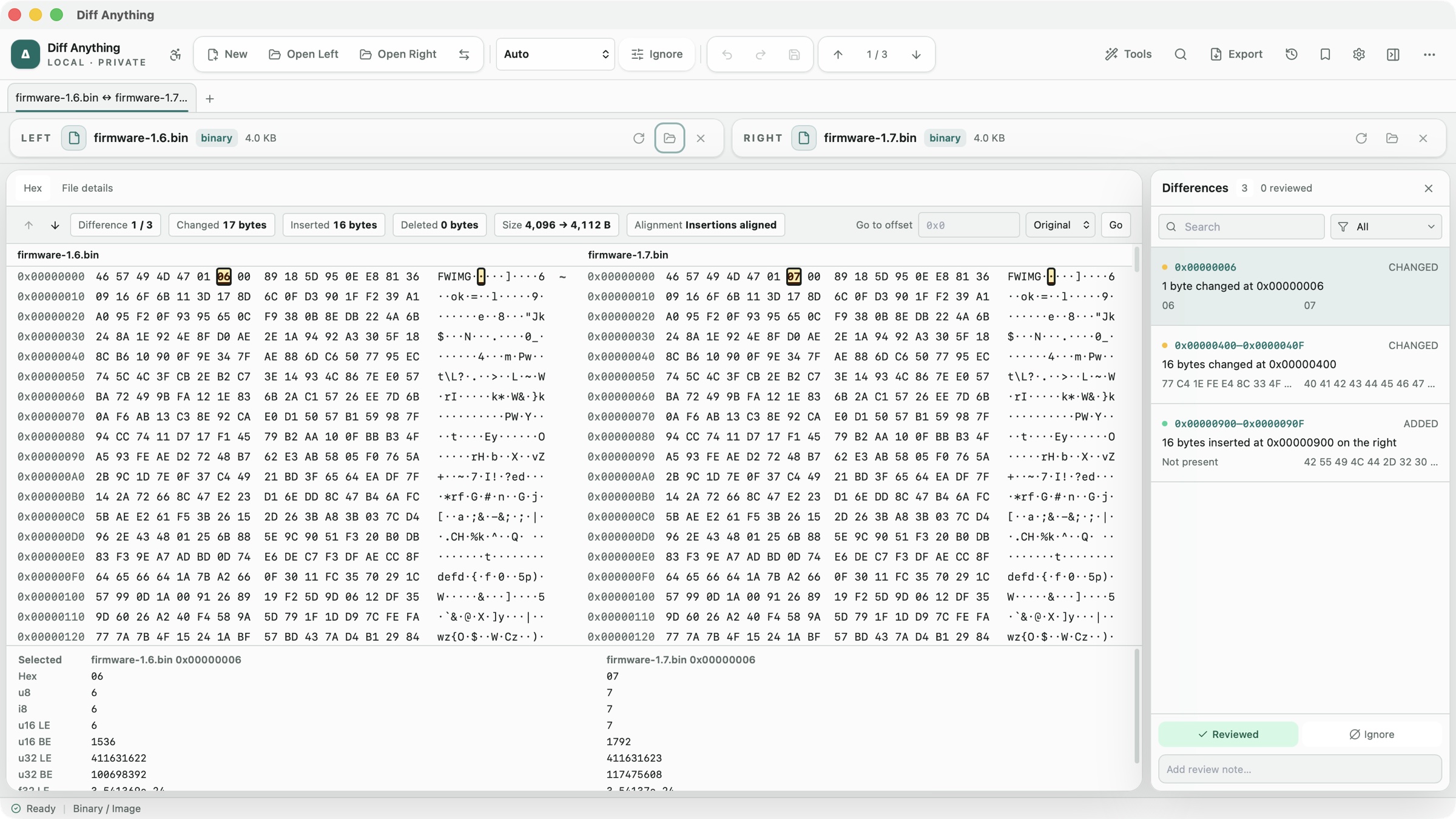 Diff Anything's hex comparison of two firmware files: one changed byte, a 16-byte changed range, and 16 inserted bytes, with the data inspector below