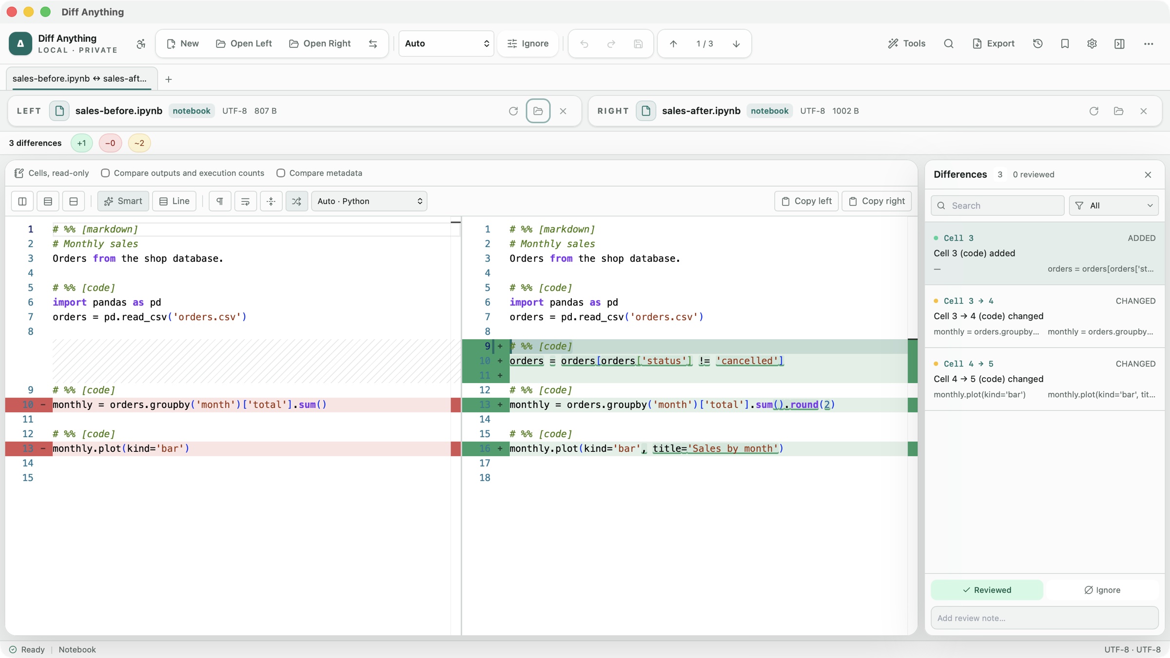 Diff Anything comparing two Jupyter notebooks: one code cell added and two code cells changed, listed by cell number