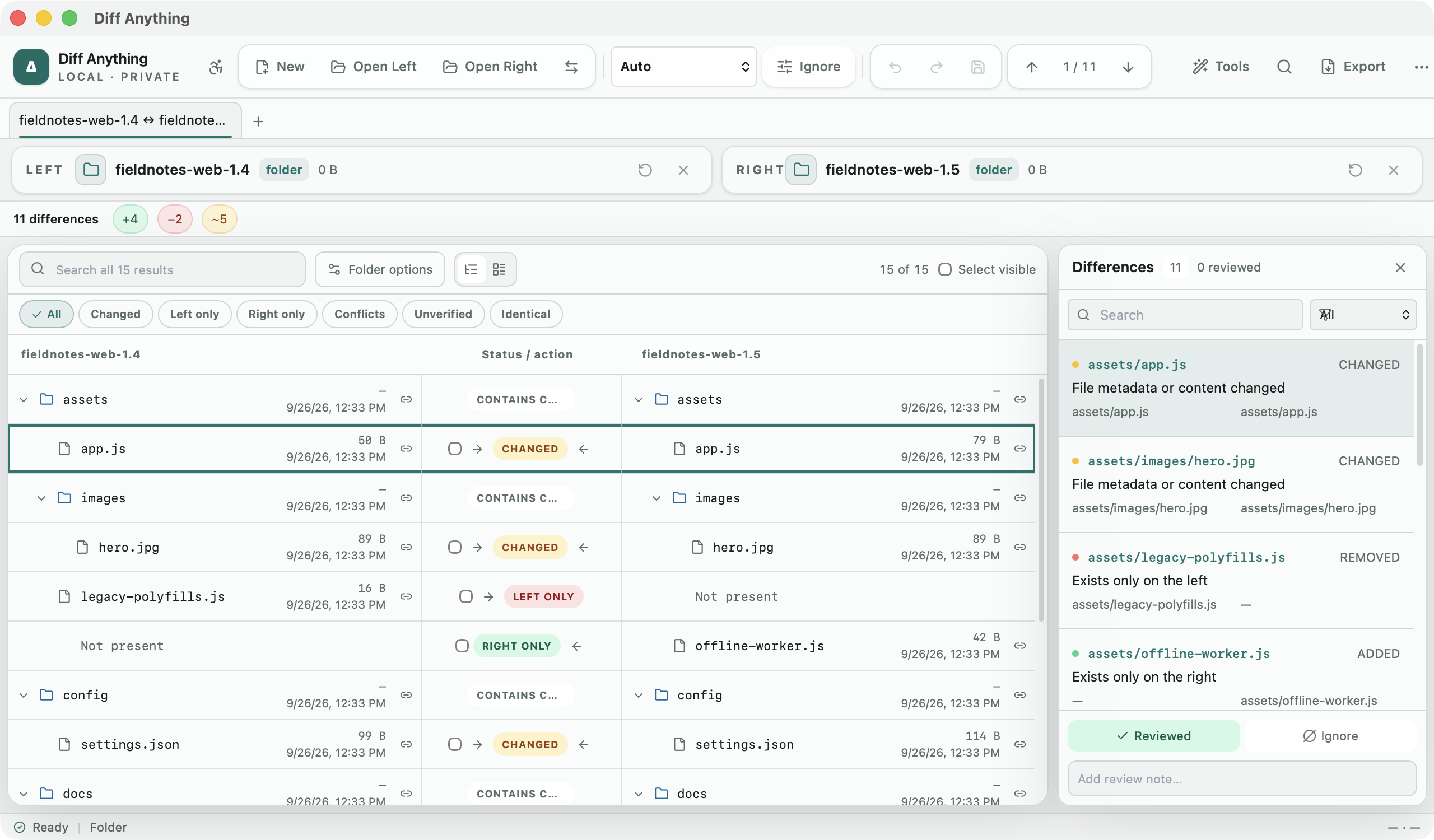 Diff Anything folder comparison showing added, removed, and changed paths across two release folders