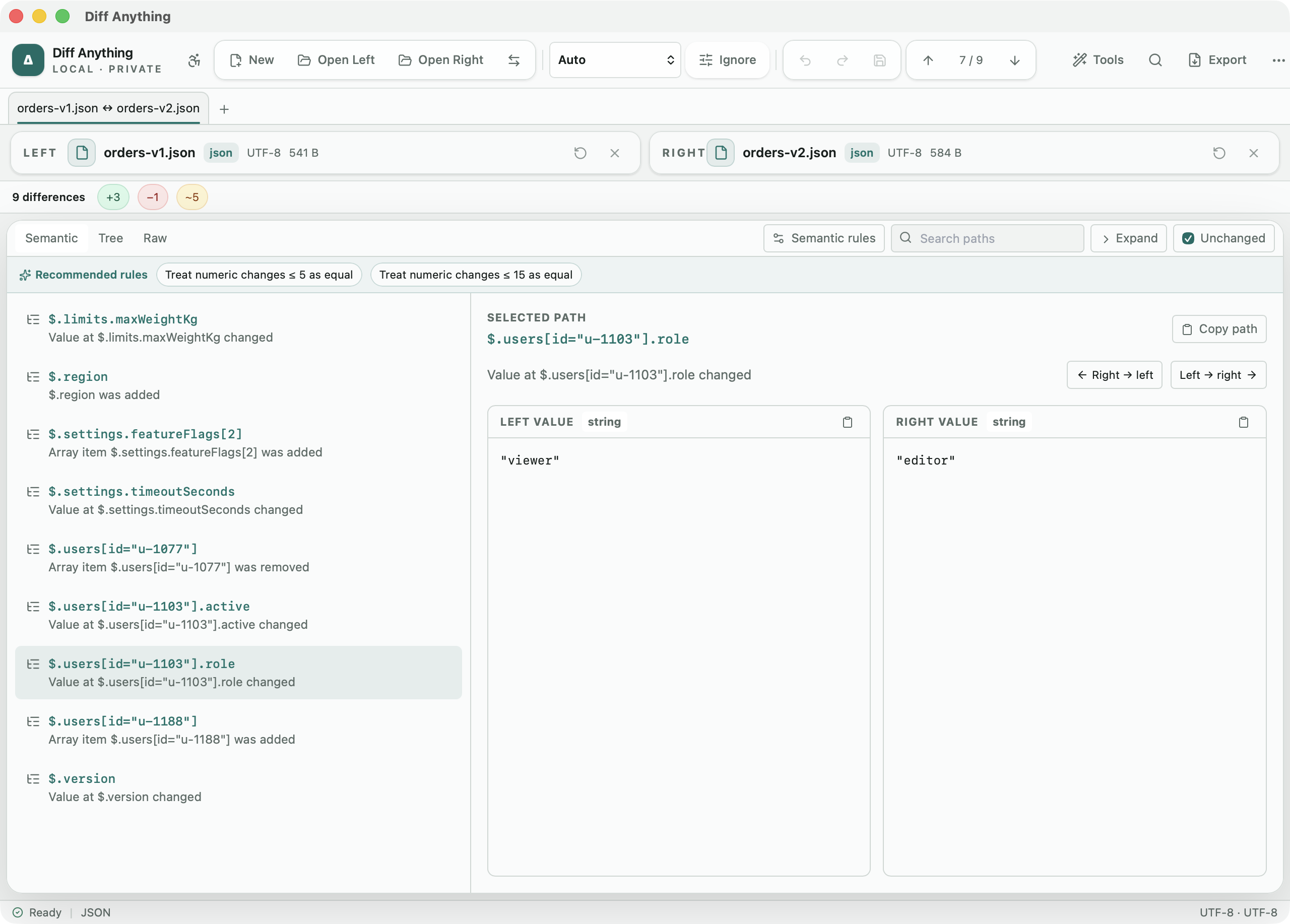 Diff Anything comparing two JSON files, with user records matched by id and a changed role value selected