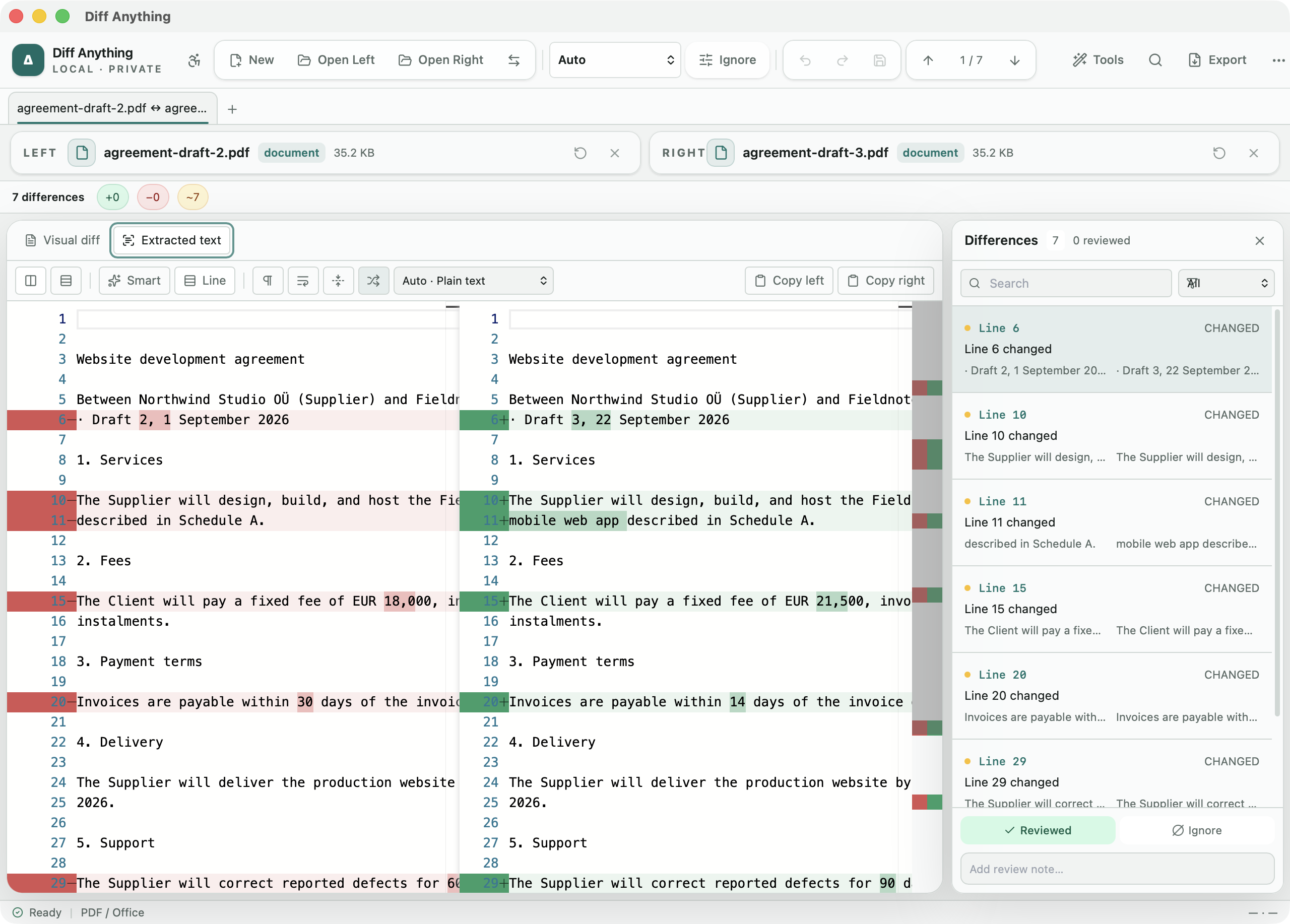 Diff Anything PDF Extracted text view with side-by-side wording changes