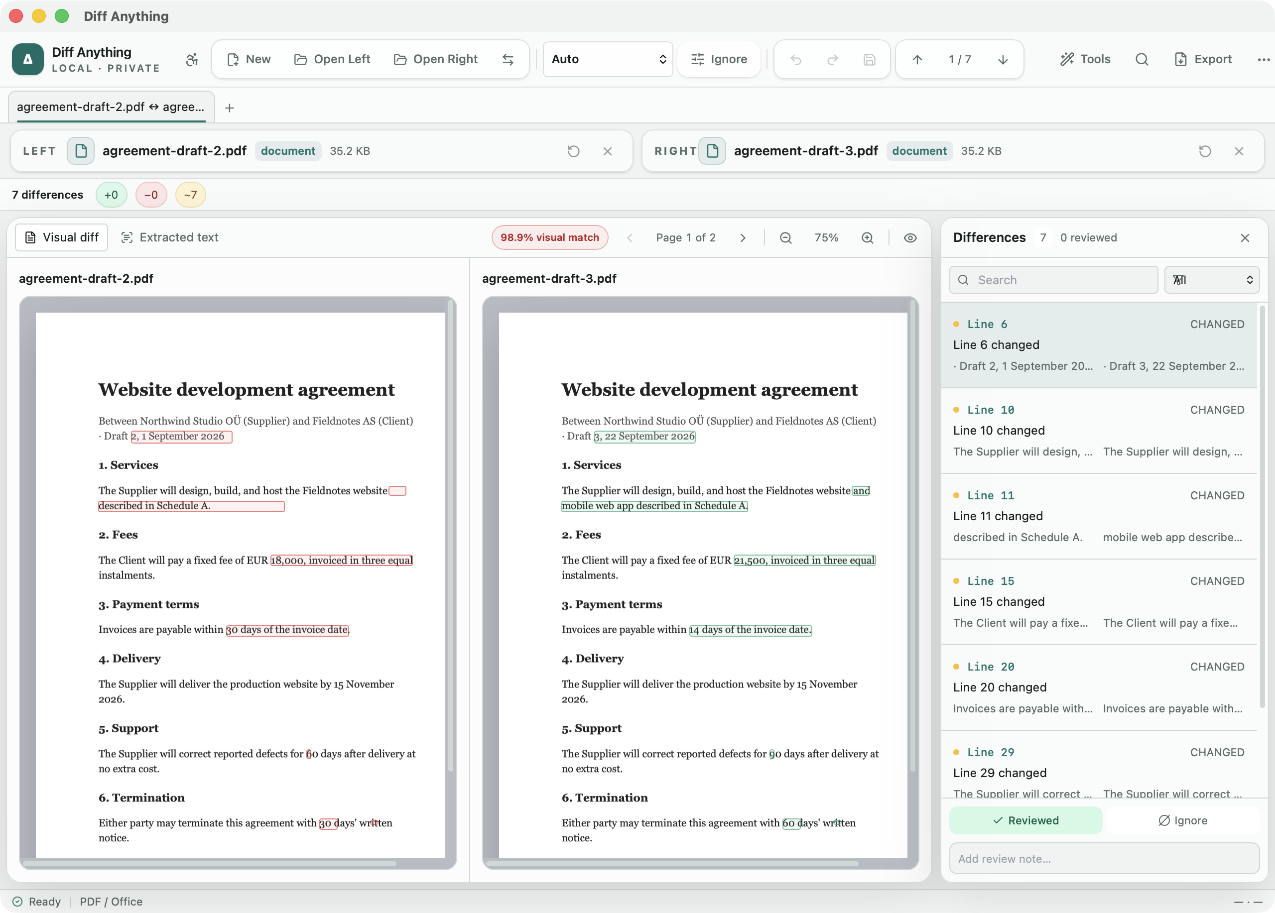 Diff Anything PDF Visual diff with rendered-page highlights and a visual match percentage