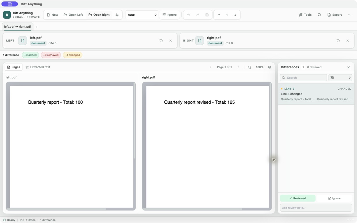 Diff Anything comparing rendered PDF pages with navigation, zoom, and a selected wording difference