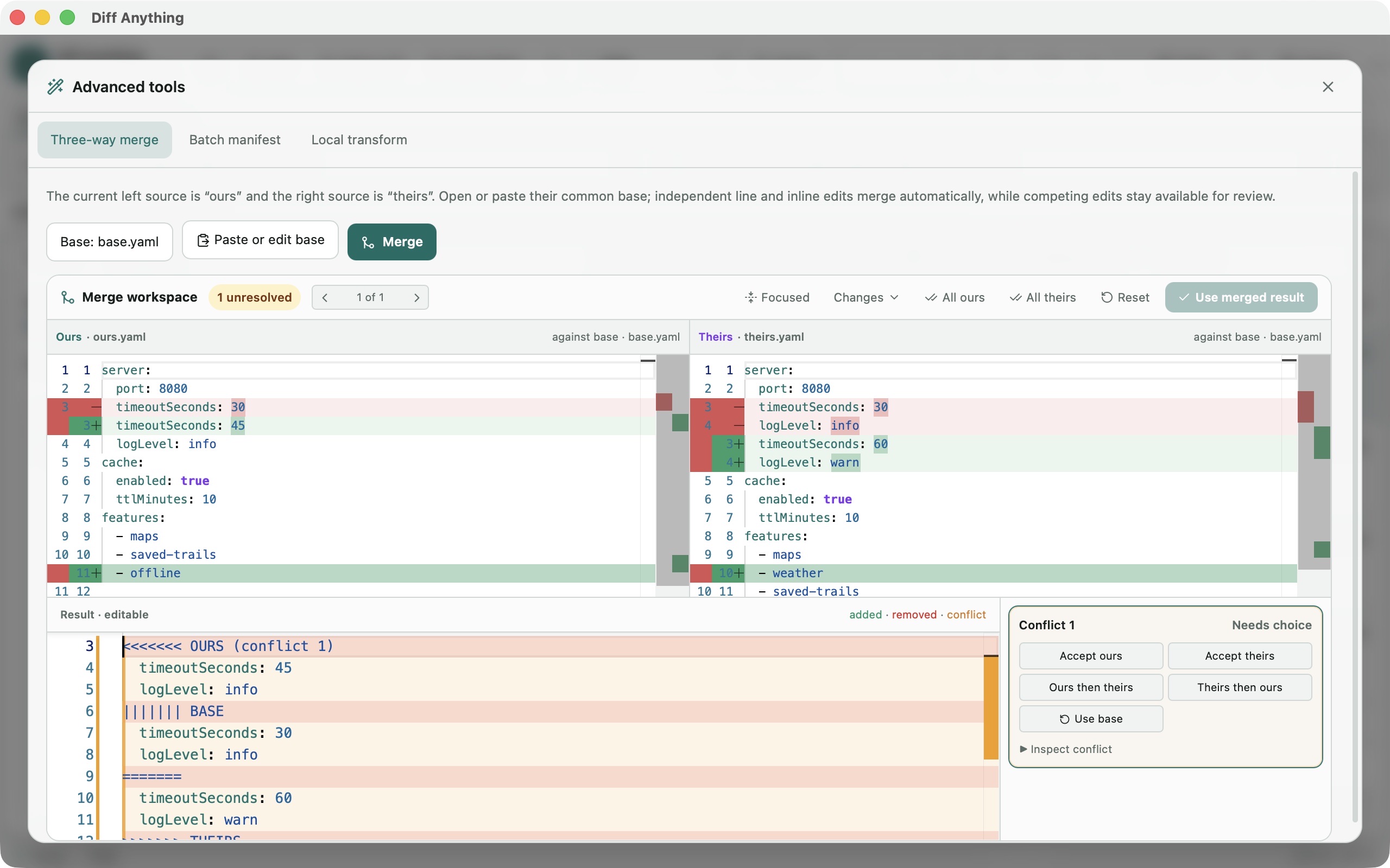 Diff Anything three-way merge workspace showing Ours and Theirs against Base with an unresolved conflict