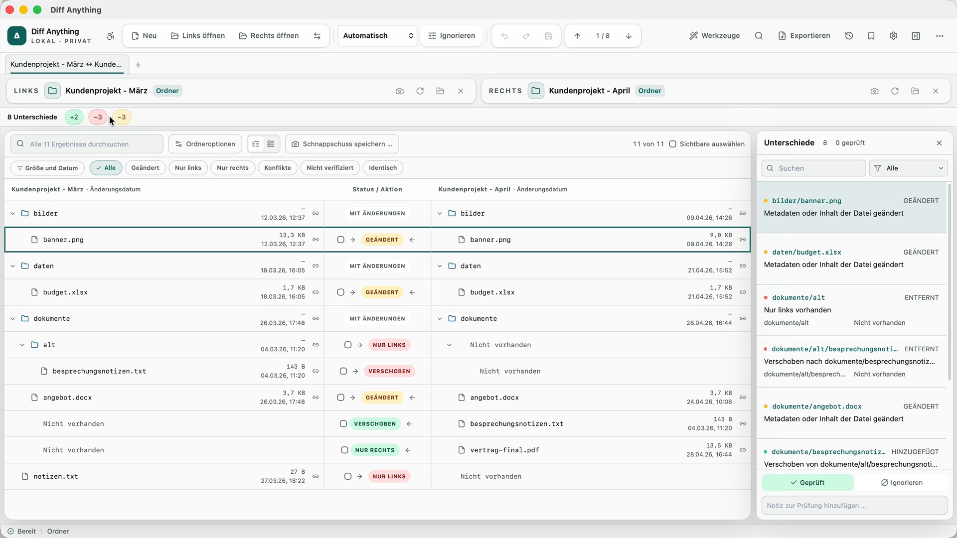Diff Anything vergleicht auf einem Mac zwei Versionen eines Projektordners, März und April: acht Unterschiede, mit geänderten, verschobenen und nur auf einer Seite vorhandenen Dateien