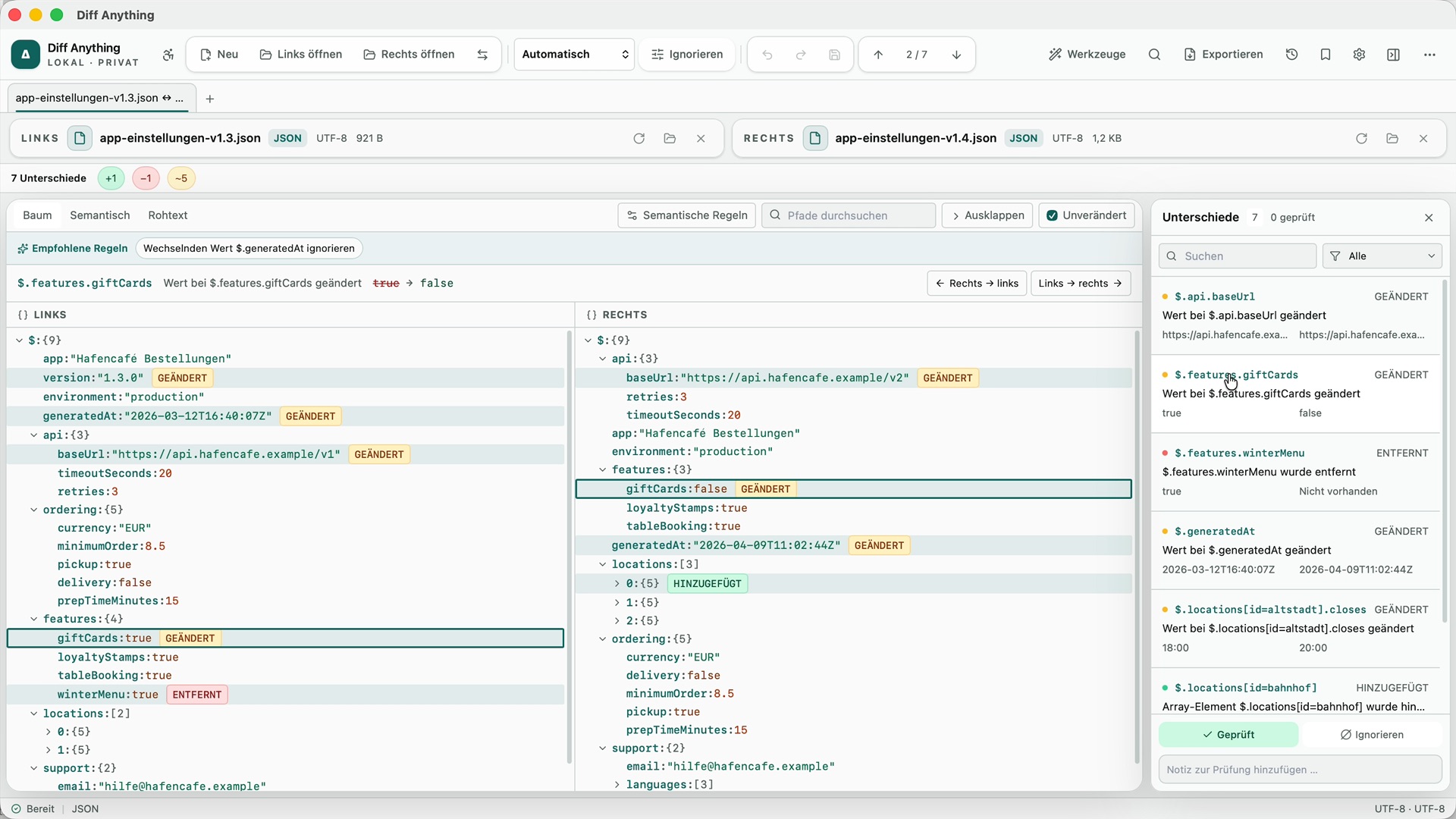 Diff Anything vergleicht auf einem Mac zwei Versionen einer JSON-Datei mit App-Einstellungen: sieben Unterschiede, mit den Schlüsseln auf beiden Seiten in anderer Reihenfolge