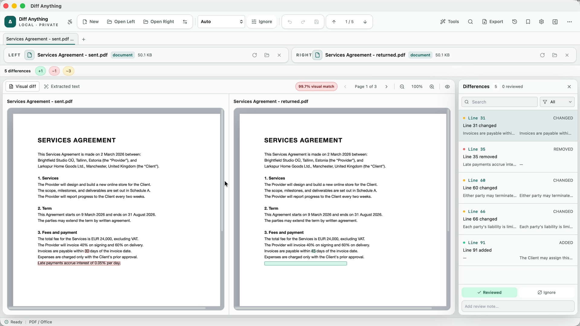 Diff Anything comparing two versions of a services agreement on a Mac, with page 1 side by side and five changes listed