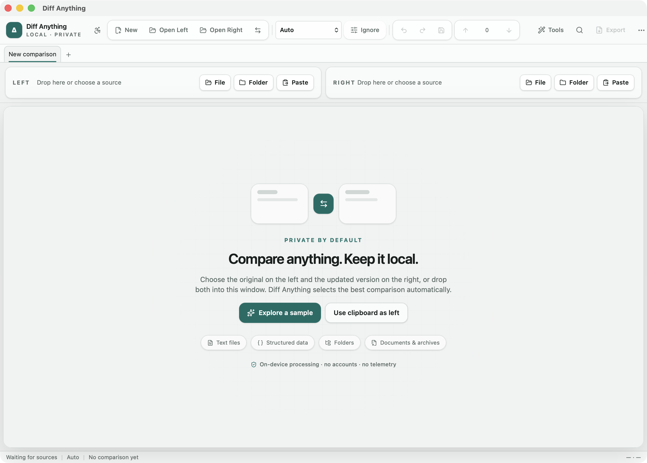 Diff Anything welcome screen with private local comparison sources