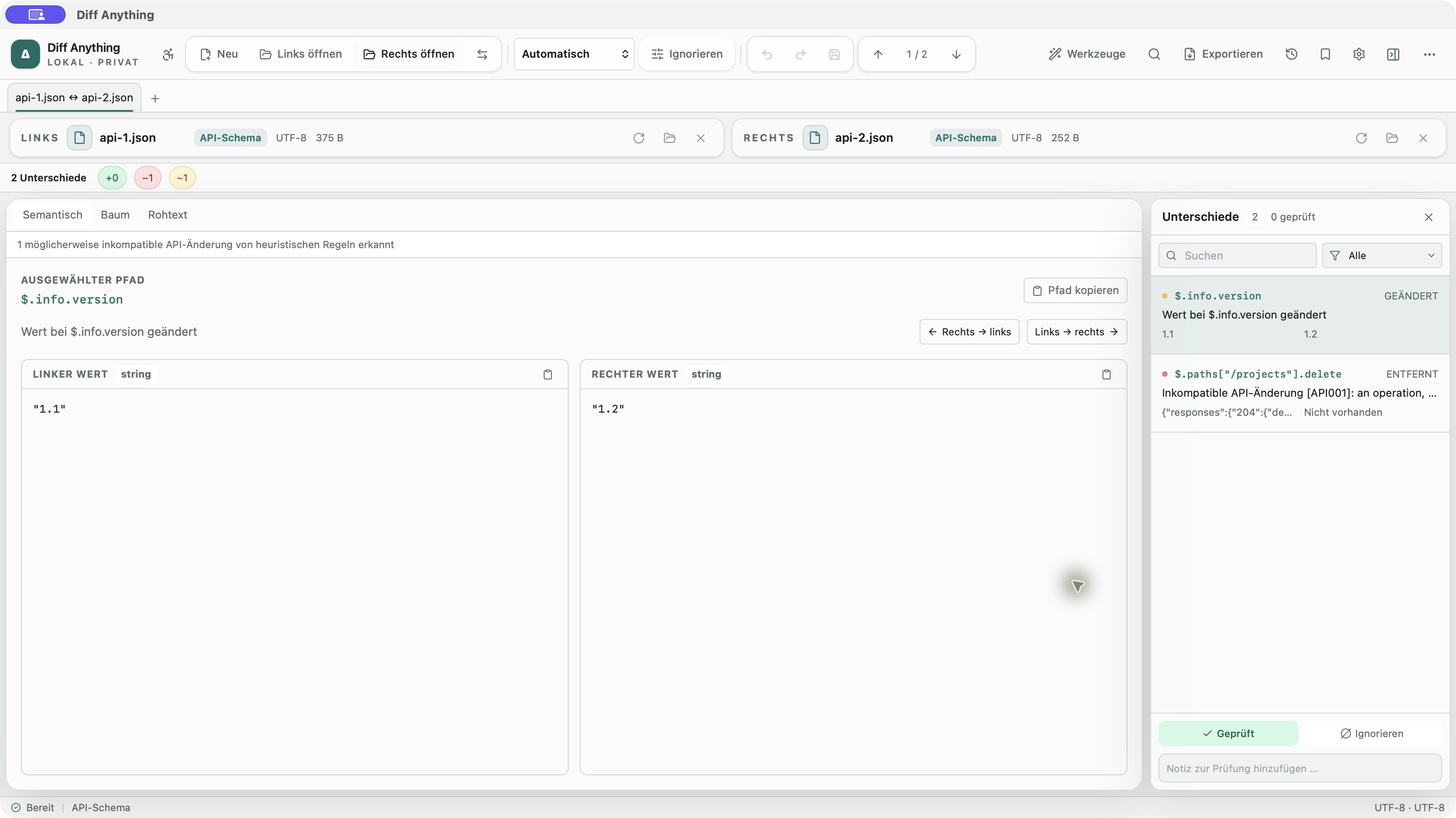 OpenAPI-Vergleich mit einer entfernten API-Operation in der deutschen Oberfläche von Diff Anything.