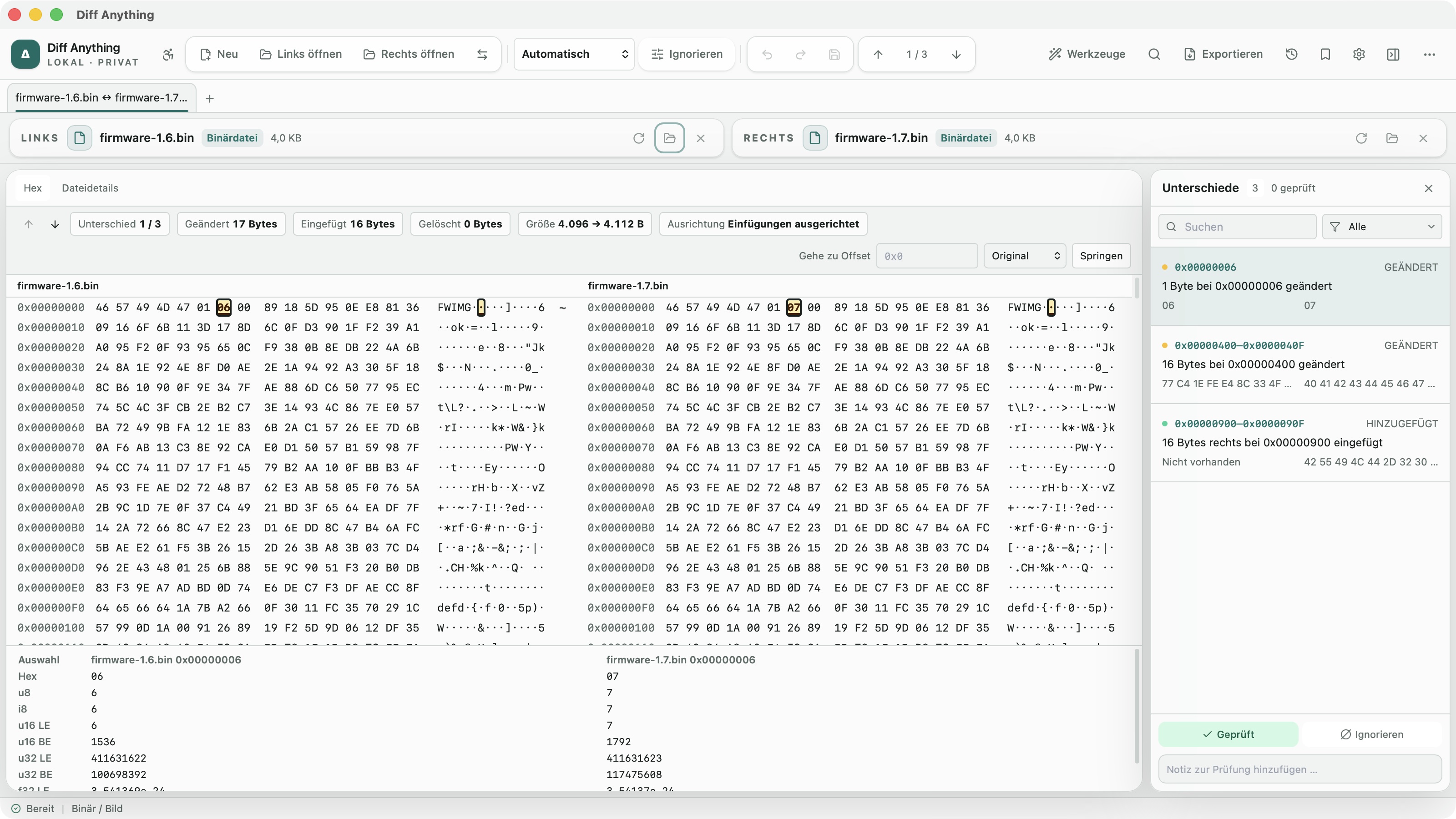 Hex-Vergleich zweier Firmware-Dateien mit geändertem Byte, geändertem Bereich und eingefügten Bytes in der deutschen Oberfläche von Diff Anything.