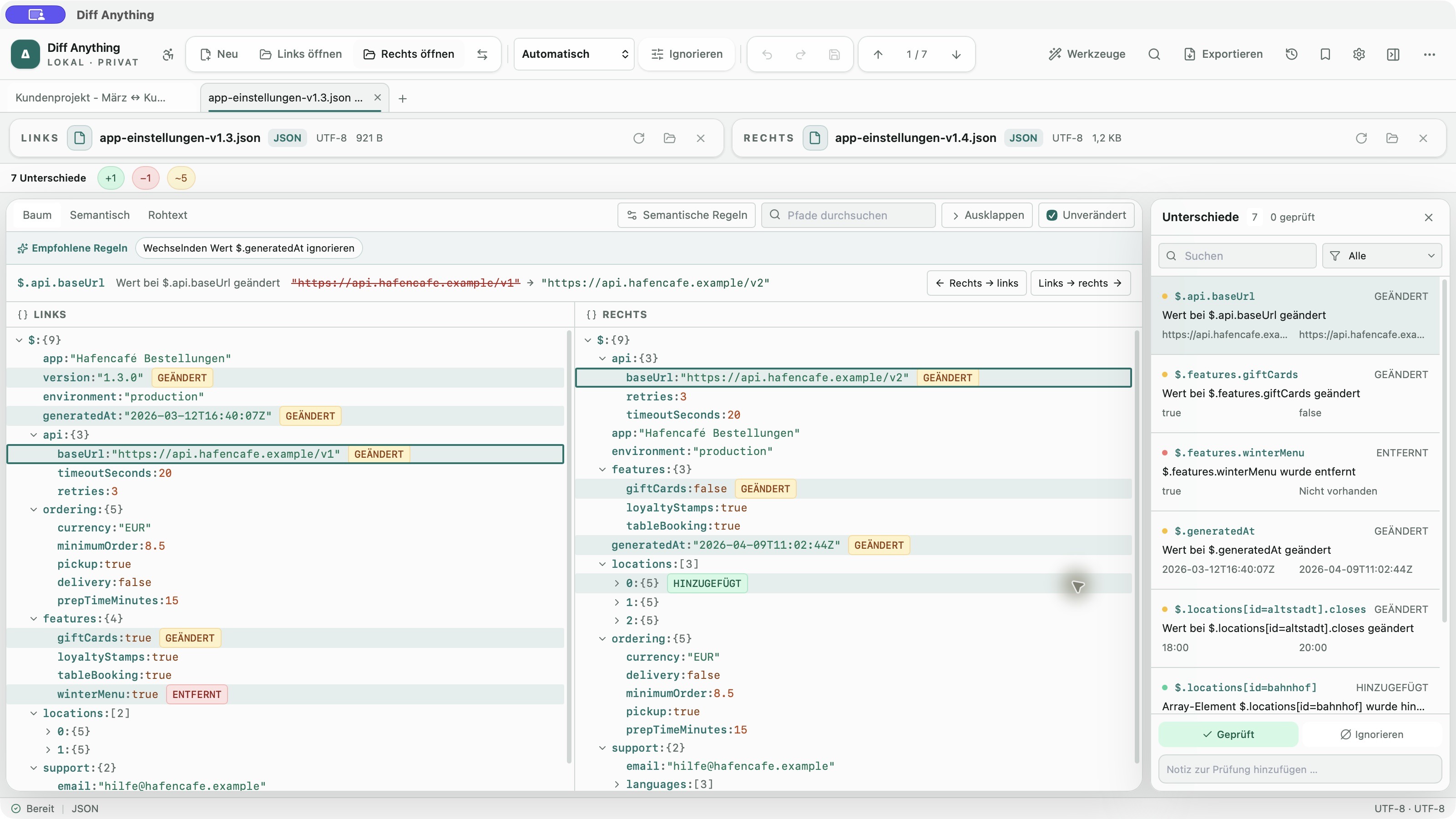 JSON-Vergleich mit geänderten Pfaden und Werten in der deutschen Oberfläche von Diff Anything.