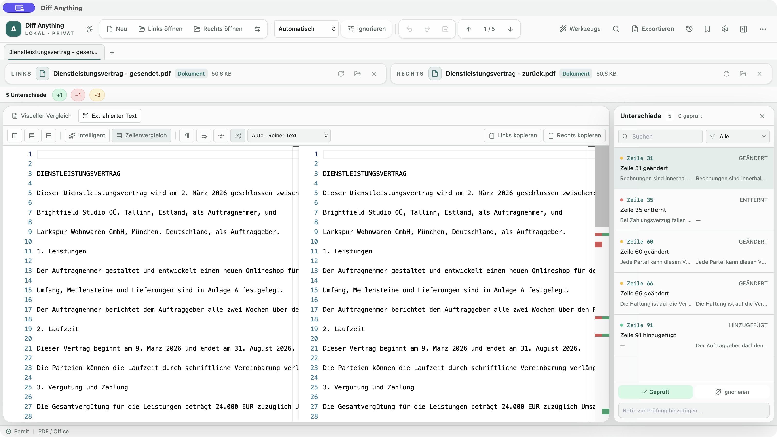 Extrahierter PDF-Text mit geändertem Wortlaut in der deutschen Oberfläche von Diff Anything.