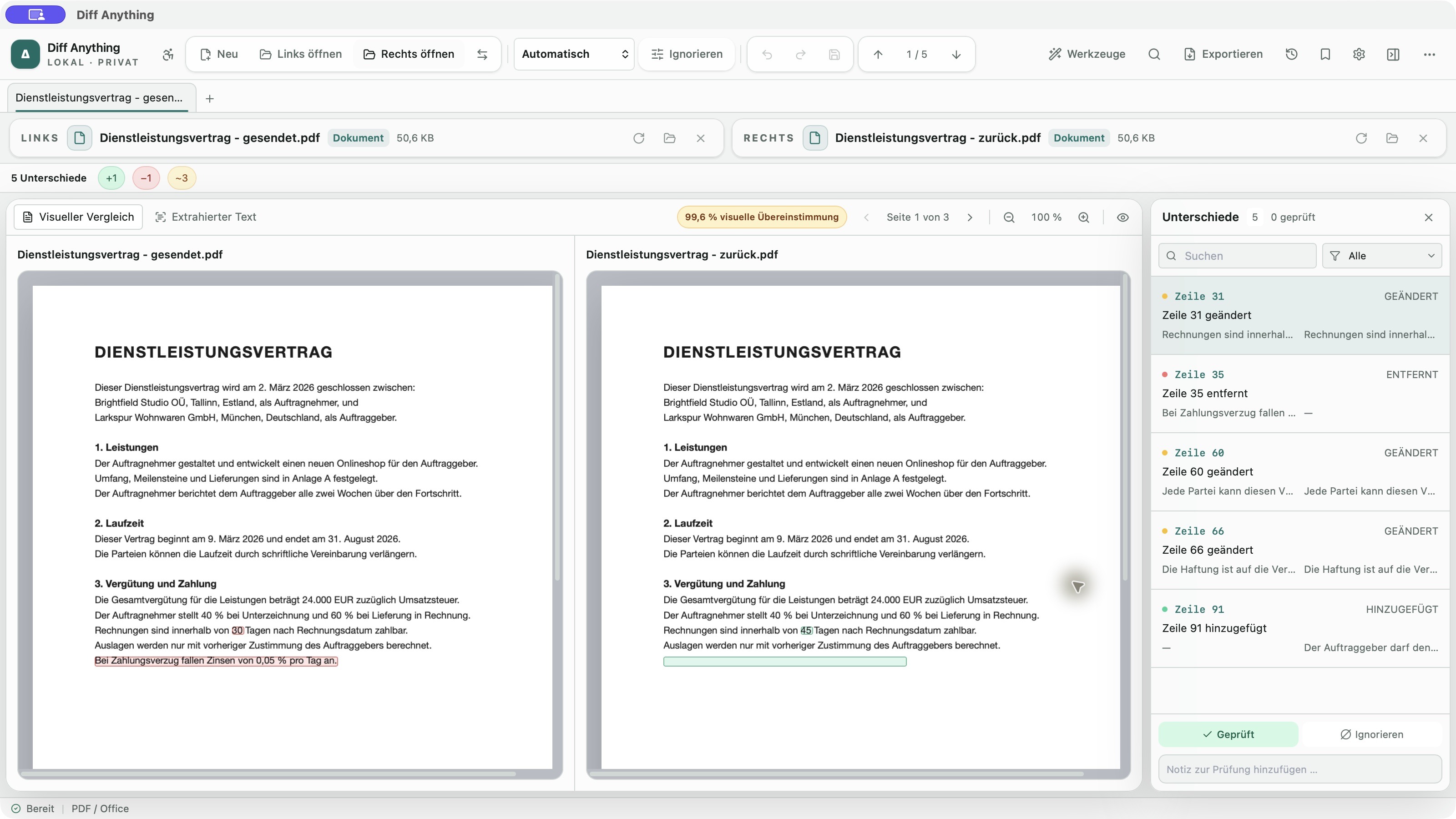 Gerenderte PDF-Seiten mit hervorgehobenen Änderungen in der deutschen Oberfläche von Diff Anything.