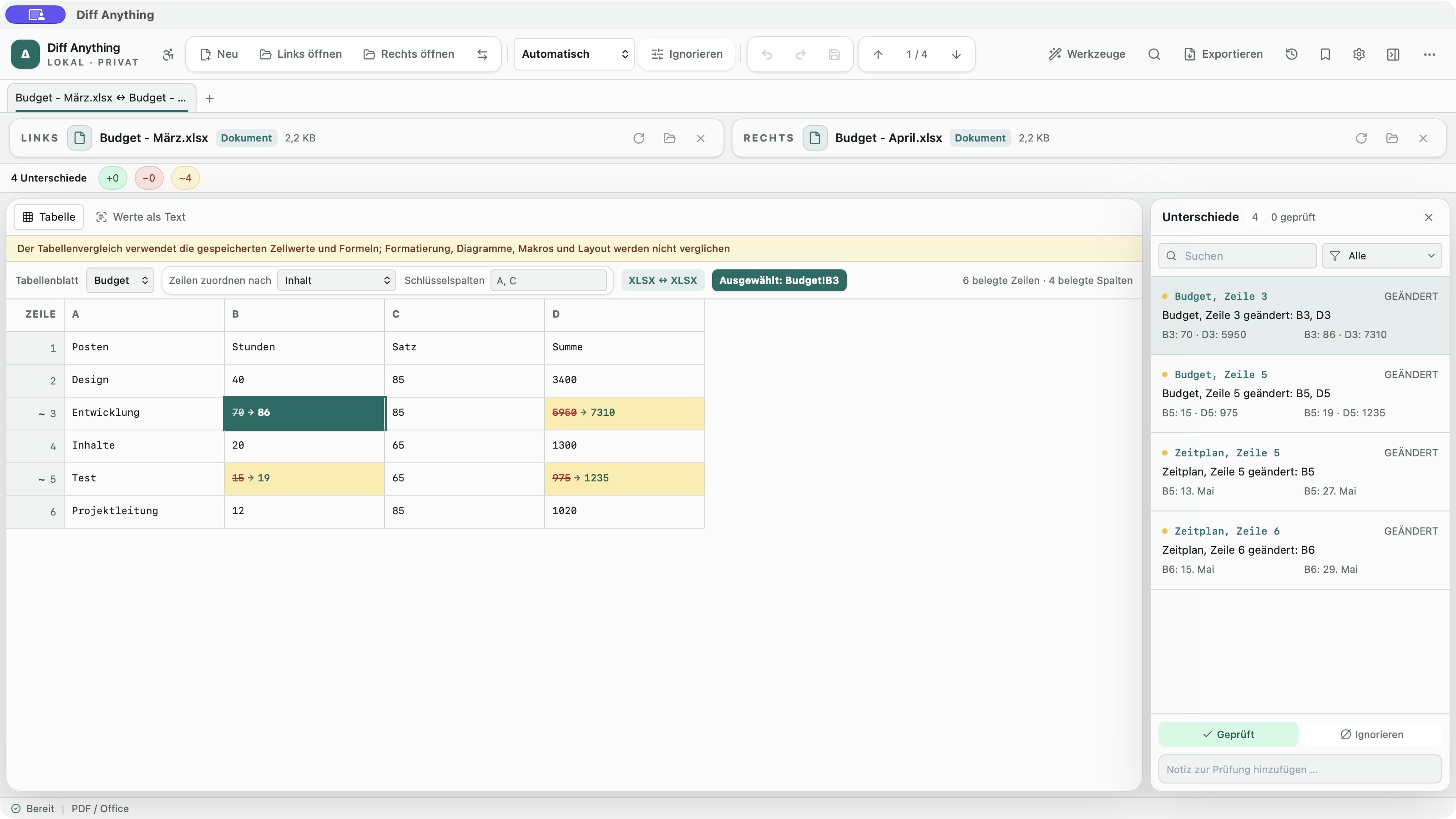 Zwei Excel-Arbeitsmappen mit markierten Zelländerungen in der deutschen Oberfläche von Diff Anything.