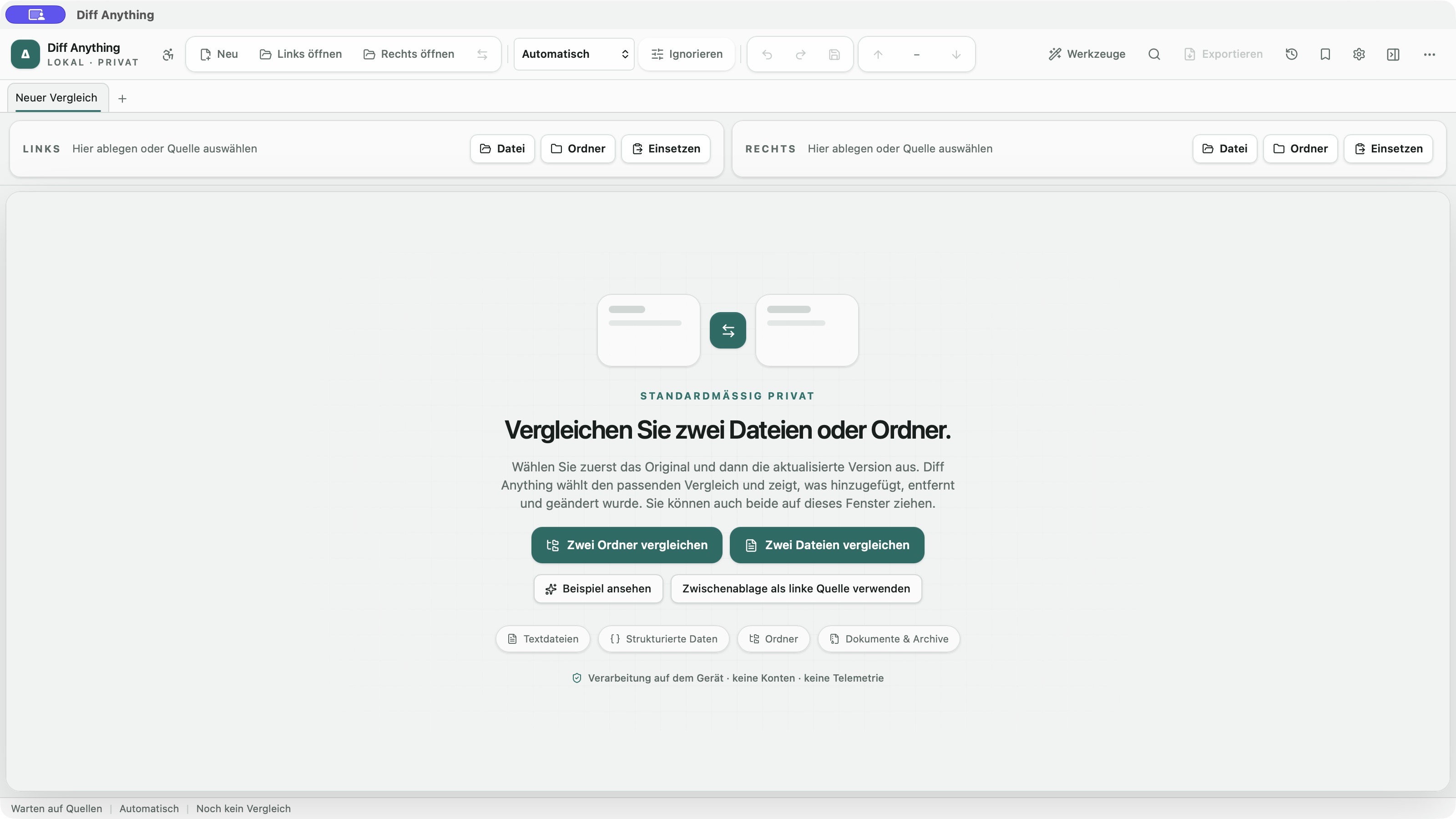 Diff Anything mit deutscher Oberfläche: Dateien, Ordner oder eingefügten Text als Quellen auswählen.