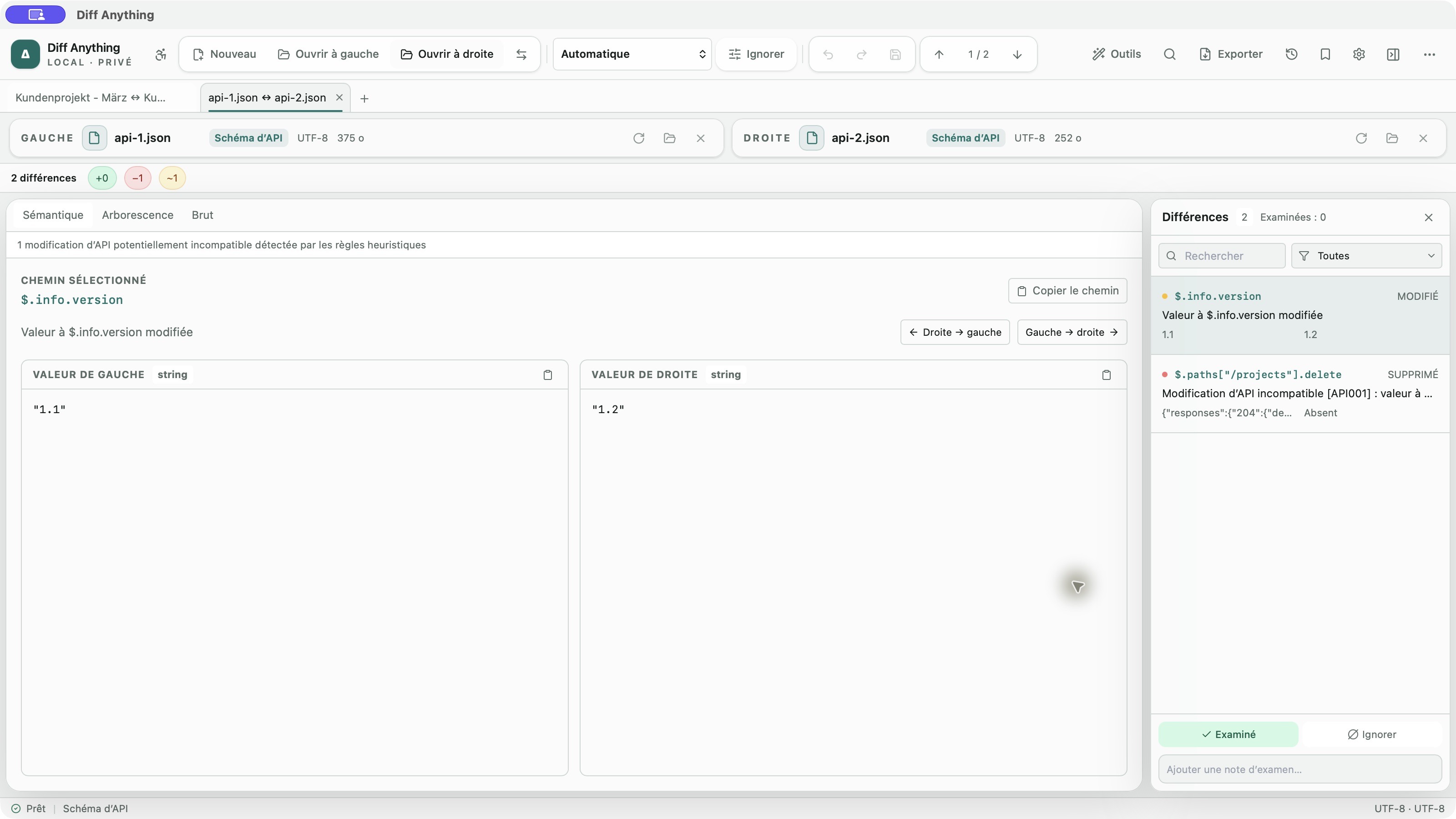 Comparaison OpenAPI avec une opération supprimée dans l’interface française de Diff Anything.