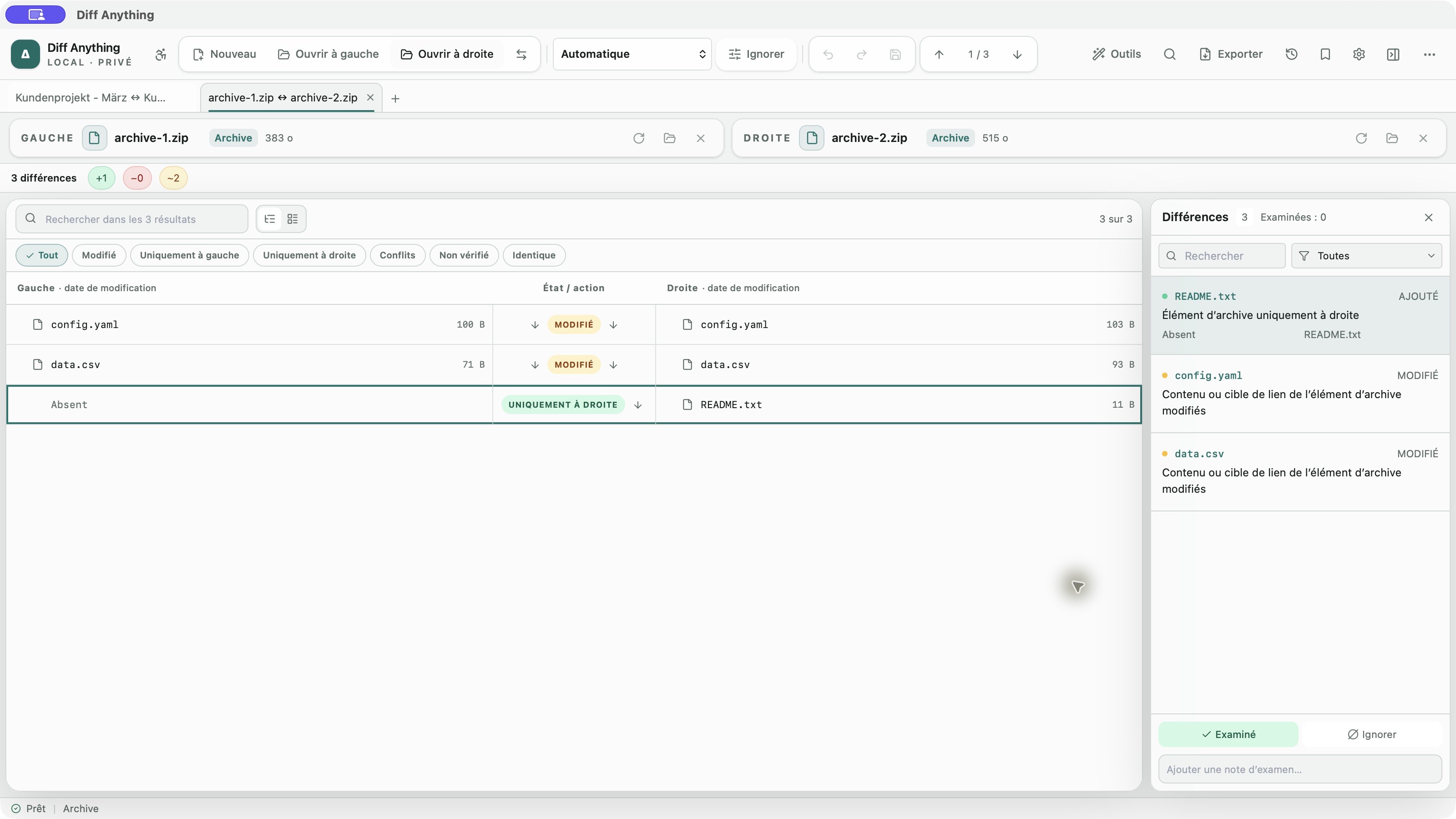 Deux archives ZIP avec entrées modifiées et ajoutées dans l’interface française de Diff Anything.