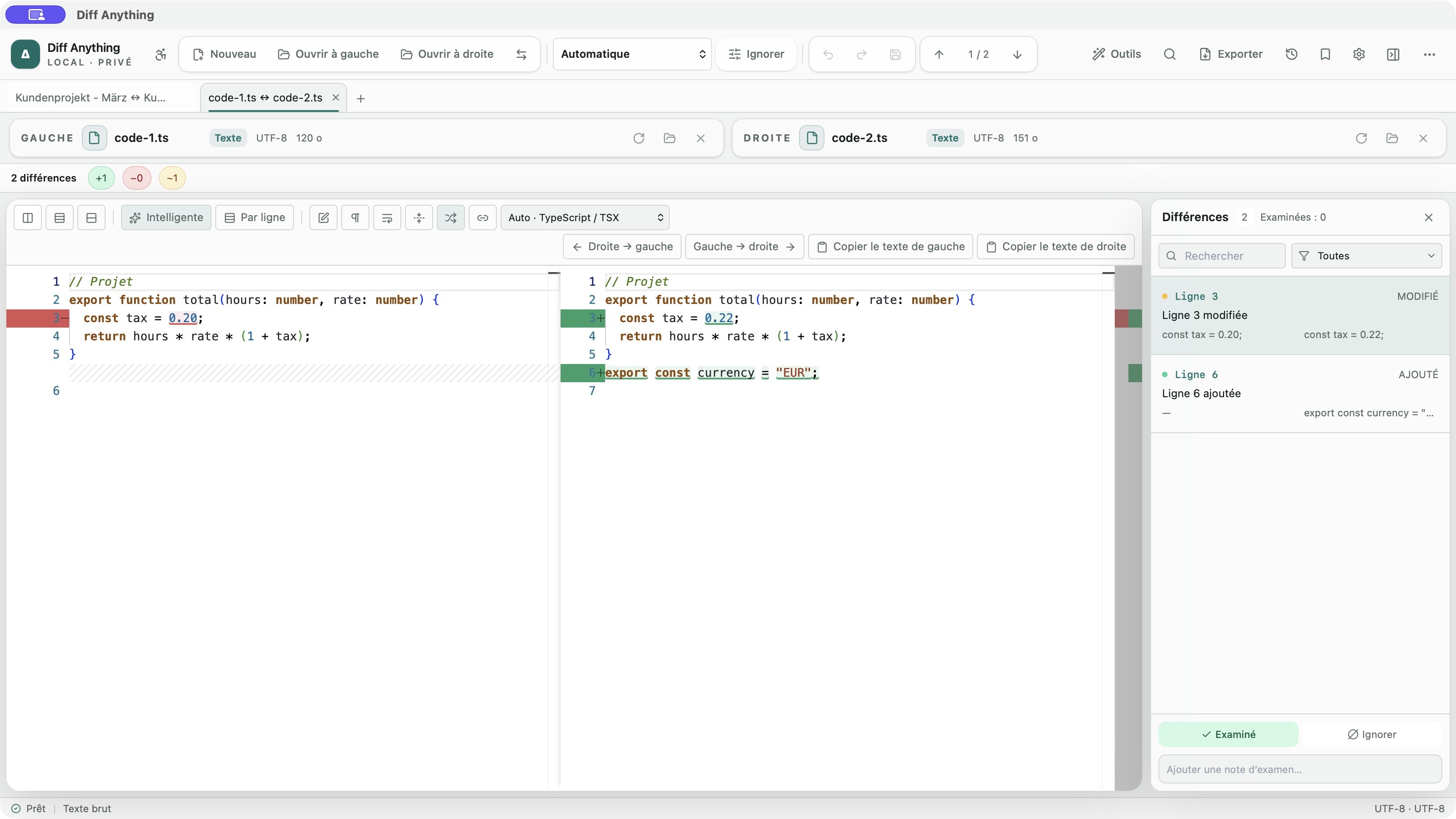 Deux fichiers TypeScript avec coloration syntaxique et modifications surlignées dans l’interface française de Diff Anything.