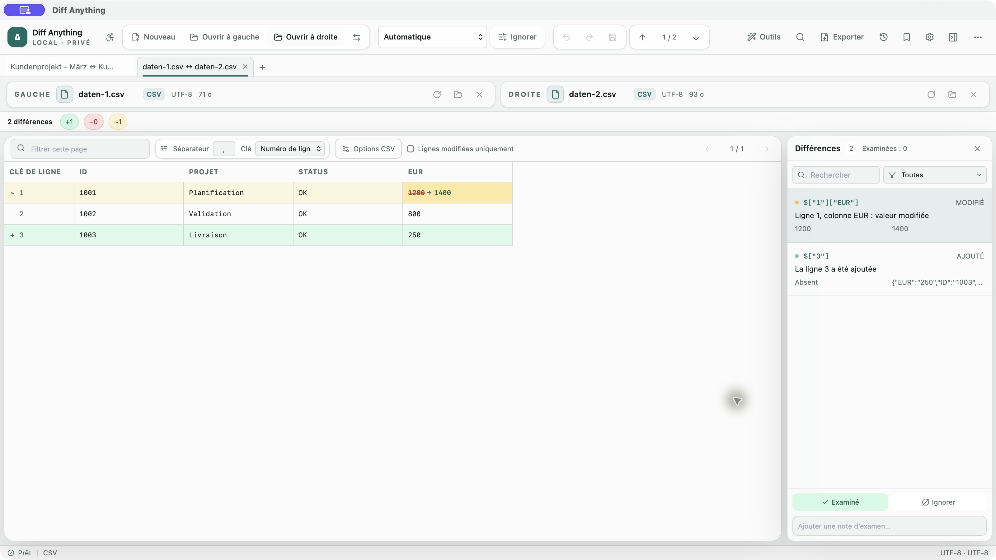 Tableau CSV avec lignes et cellules modifiées surlignées dans l’interface française de Diff Anything.