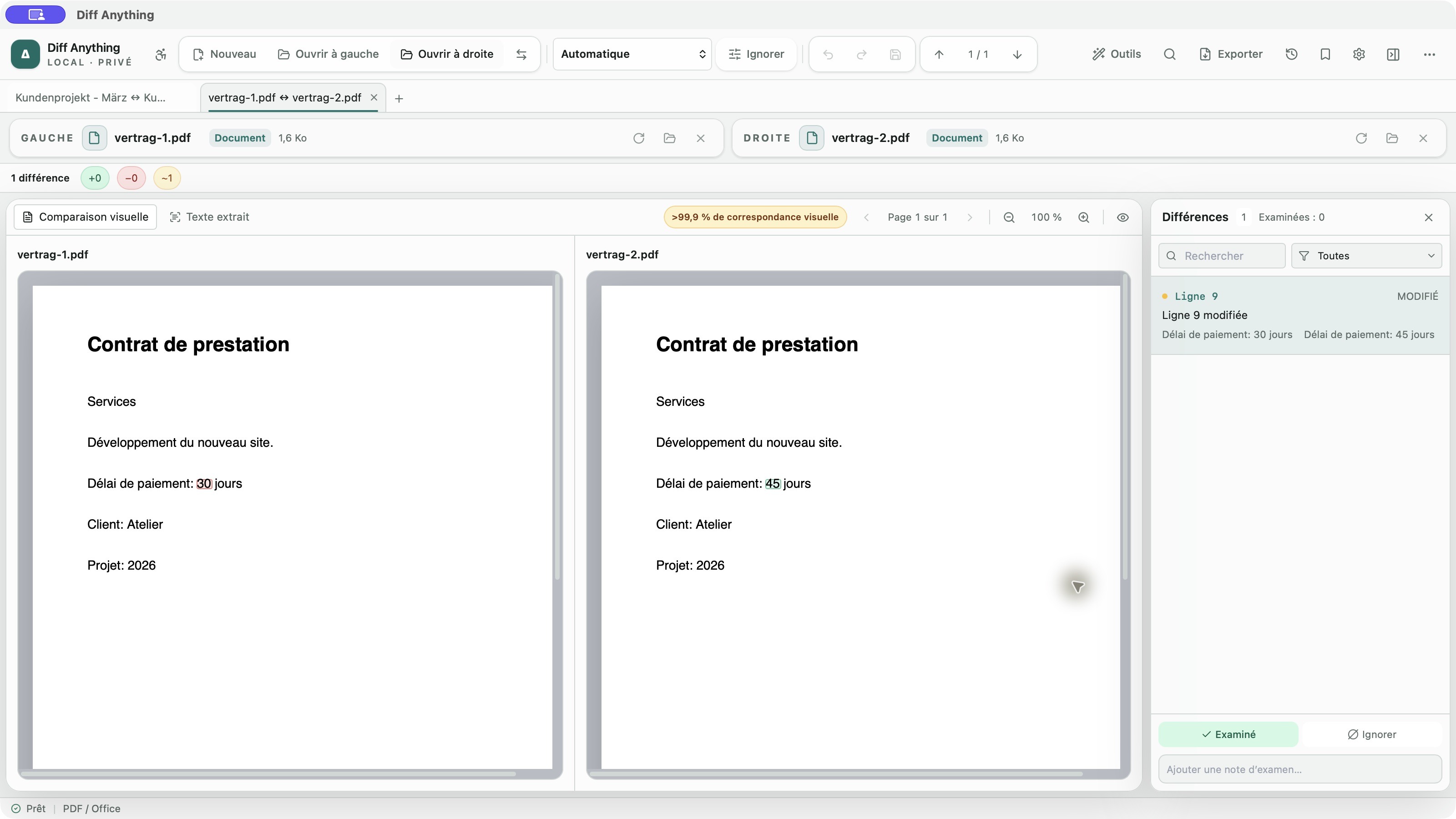 Pages PDF rendues avec modifications surlignées dans l’interface française de Diff Anything.