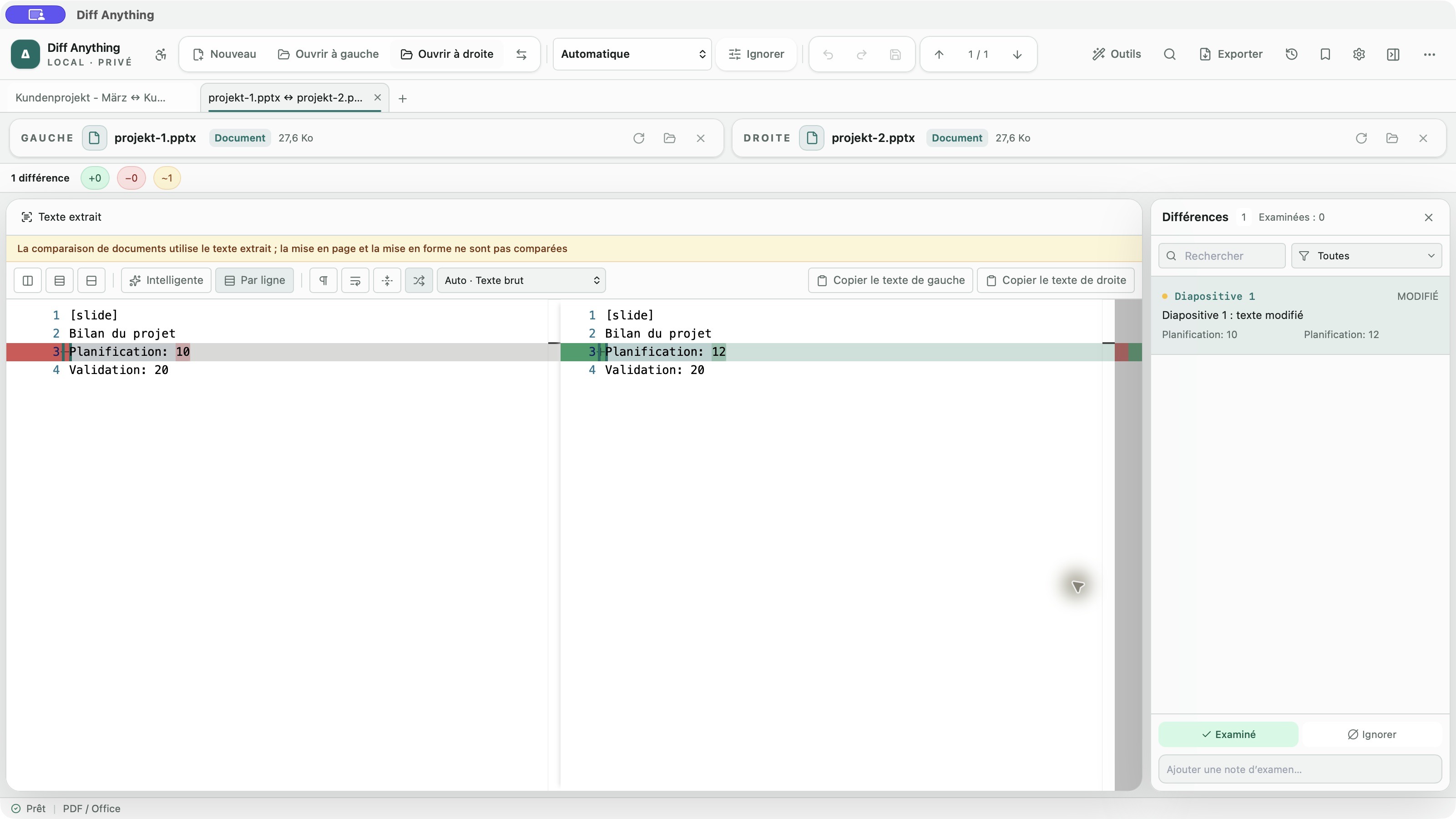 Texte de deux présentations PowerPoint avec modifications surlignées dans l’interface française de Diff Anything.
