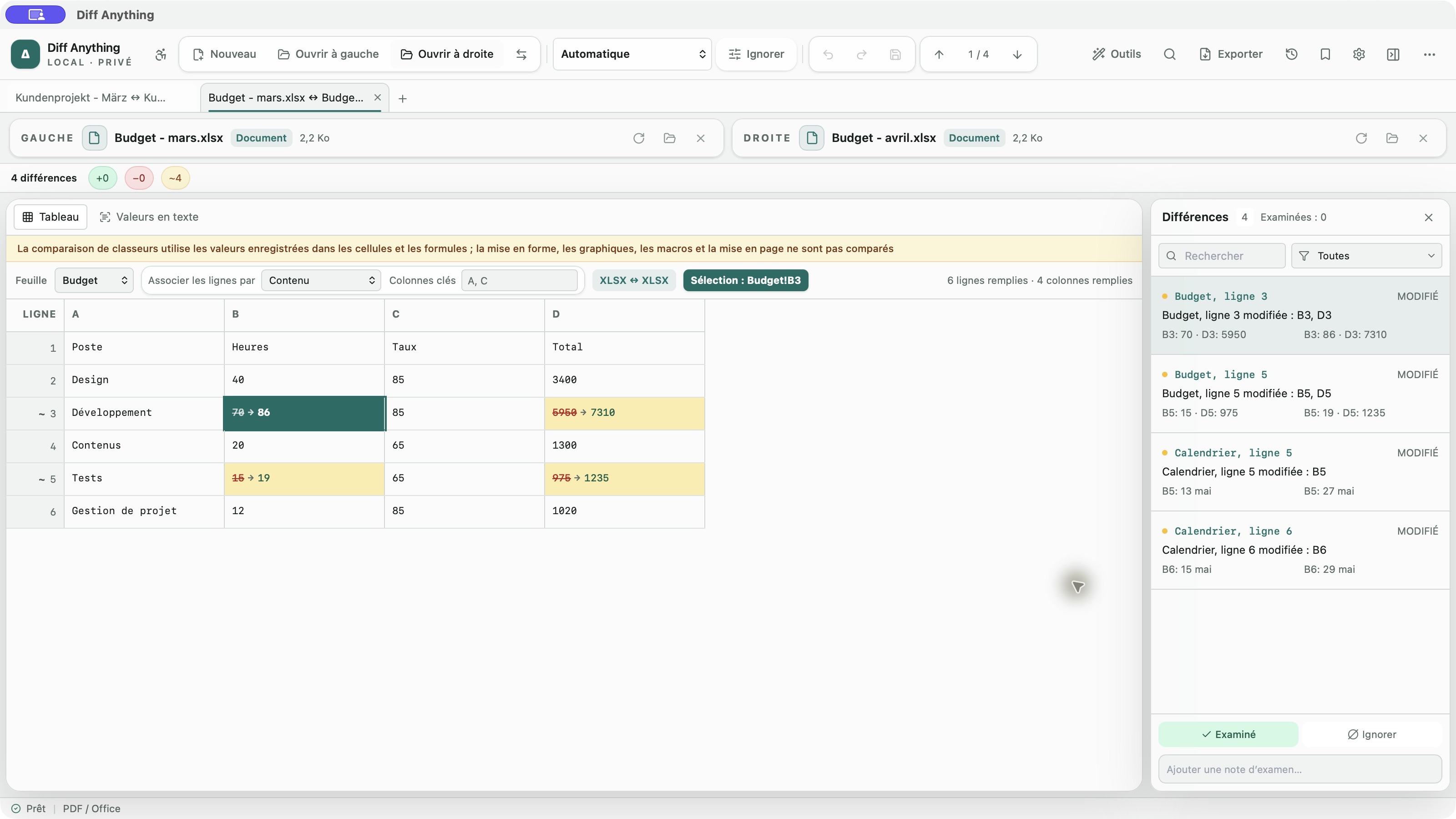 Deux classeurs Excel avec cellules modifiées surlignées dans l’interface française de Diff Anything.