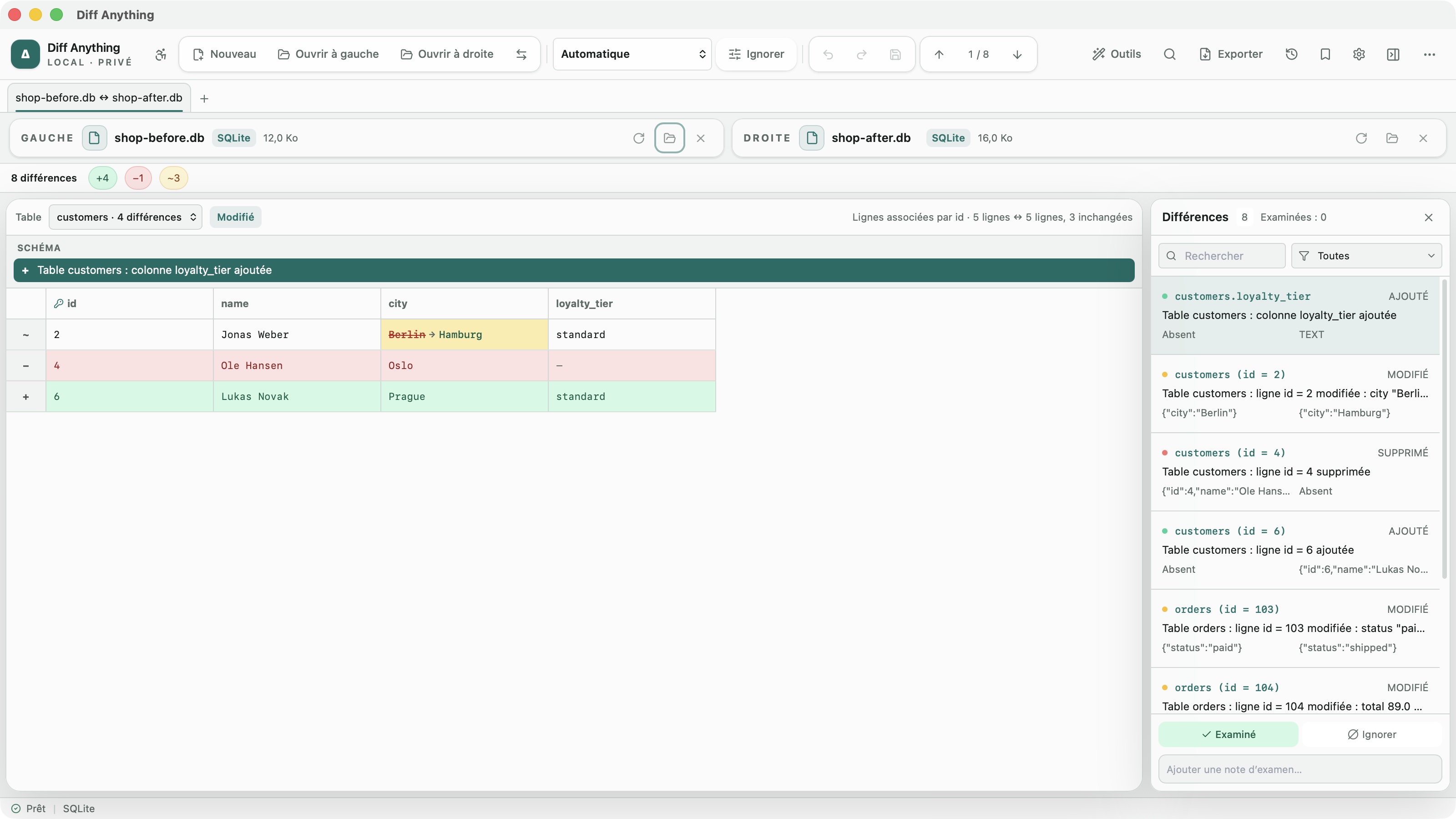 Deux bases SQLite avec une nouvelle colonne et des lignes modifiées, supprimées et ajoutées dans l’interface française de Diff Anything.