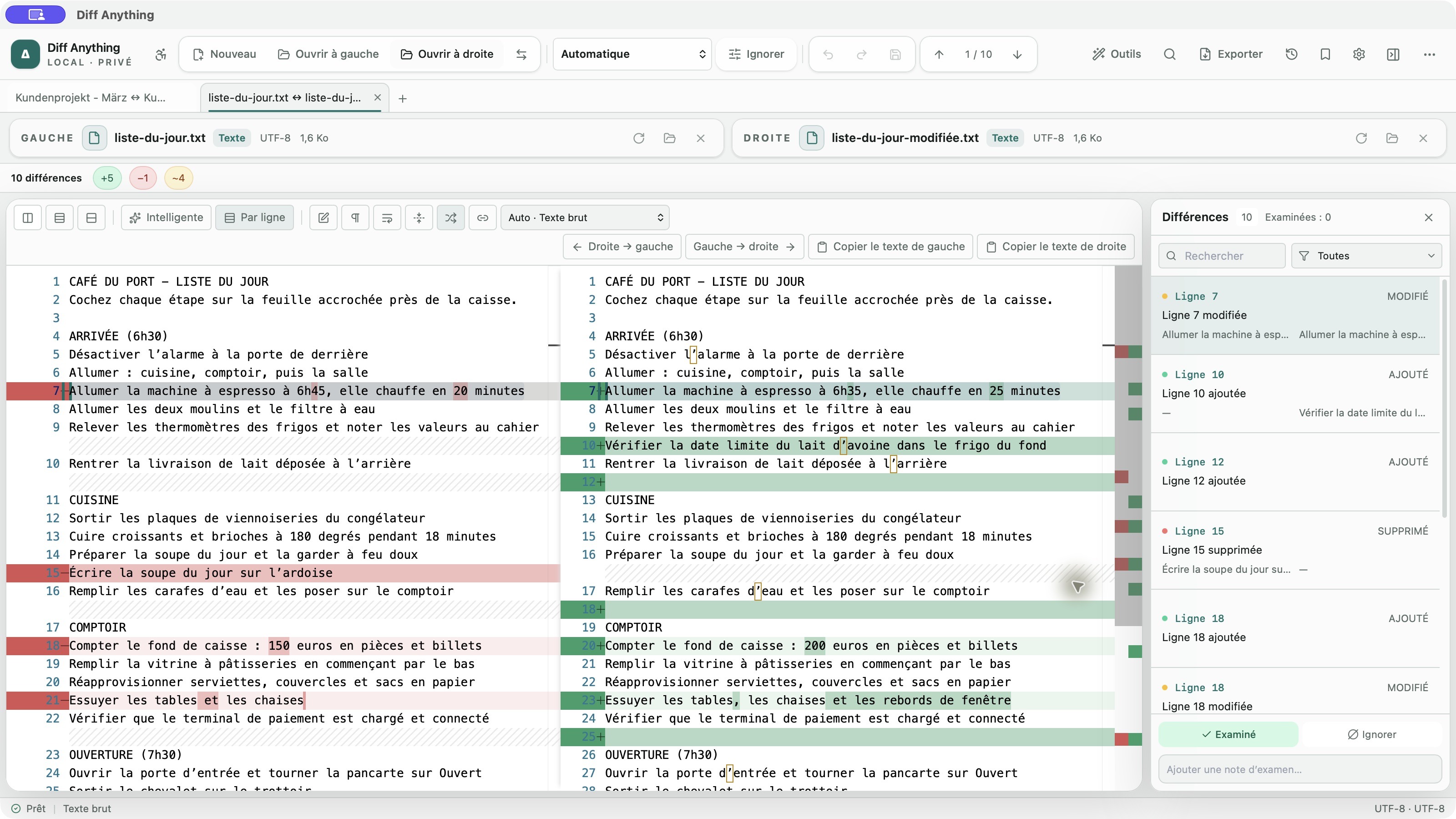 Comparez deux fichiers texte sur votre Mac et voyez exactement ce qui a changé. Diff Anything affiche les deux fichiers côte à côte, met en évidence chaque ligne modifiée et, à l’intérieur, les caractères exacts qui ont changé, et liste chaque modification avec son numéro de ligne.