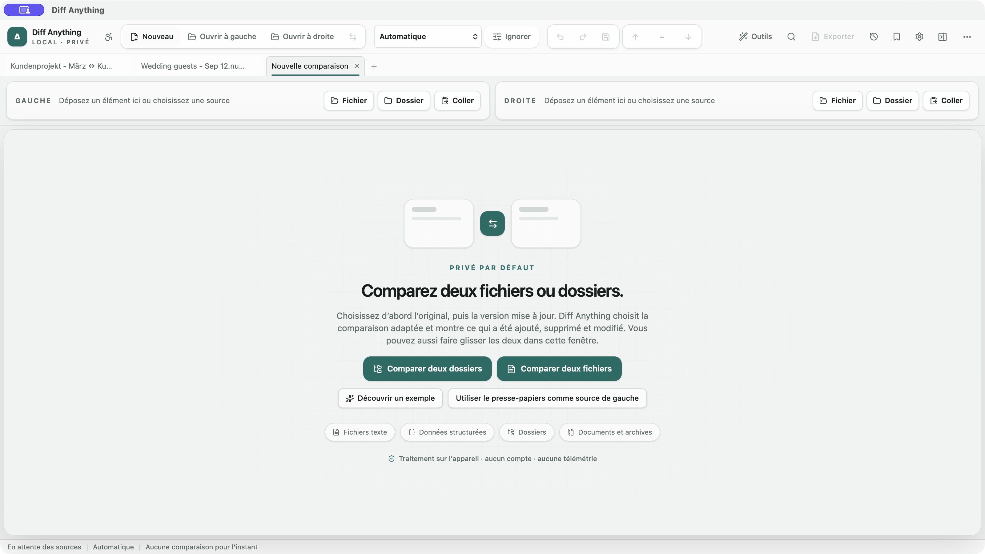 Diff Anything en français : choisir des fichiers, des dossiers ou du texte collé comme sources.