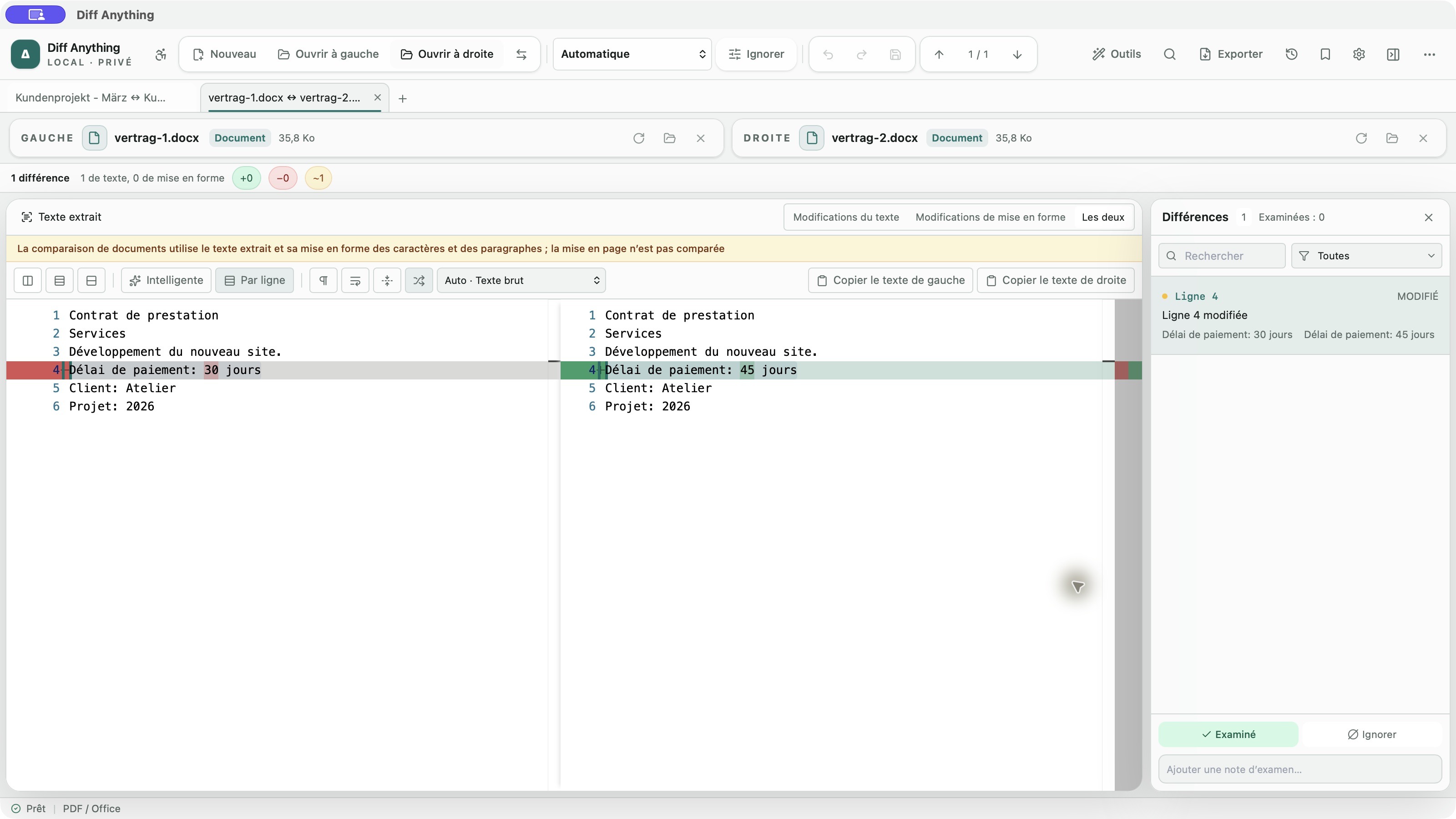 Texte de deux documents Word avec modification du délai de paiement dans l’interface française de Diff Anything.