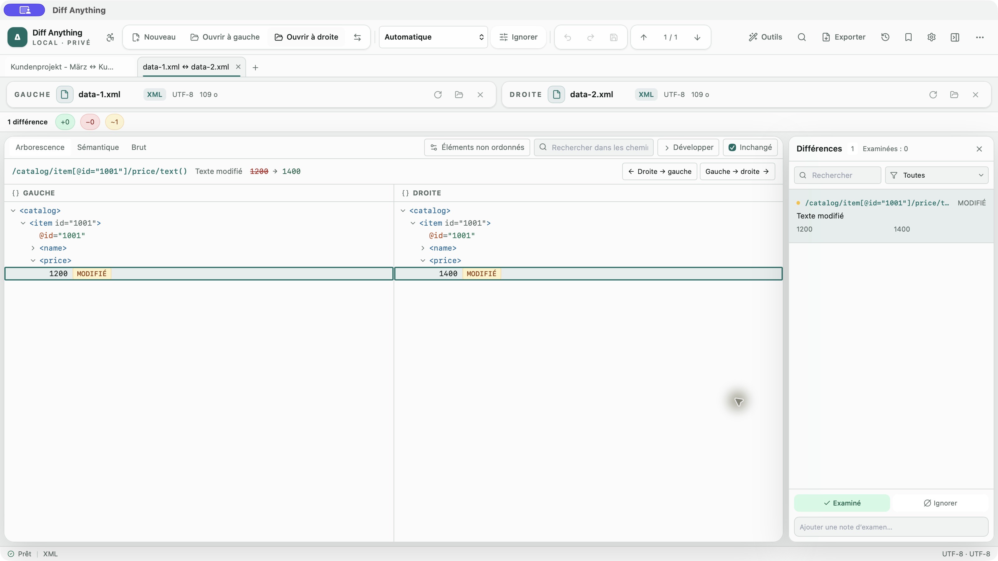 Comparaison XML avec valeurs modifiées et leurs chemins dans l’interface française de Diff Anything.