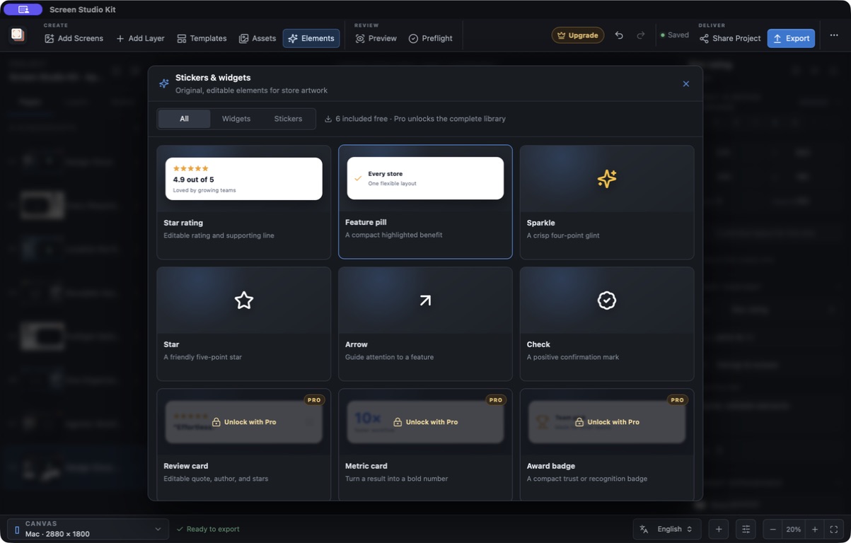 Screen Studio Kit 1.1 Elements panel showing free rating, feature pill, sparkle, star, arrow, and check elements alongside Pro widgets