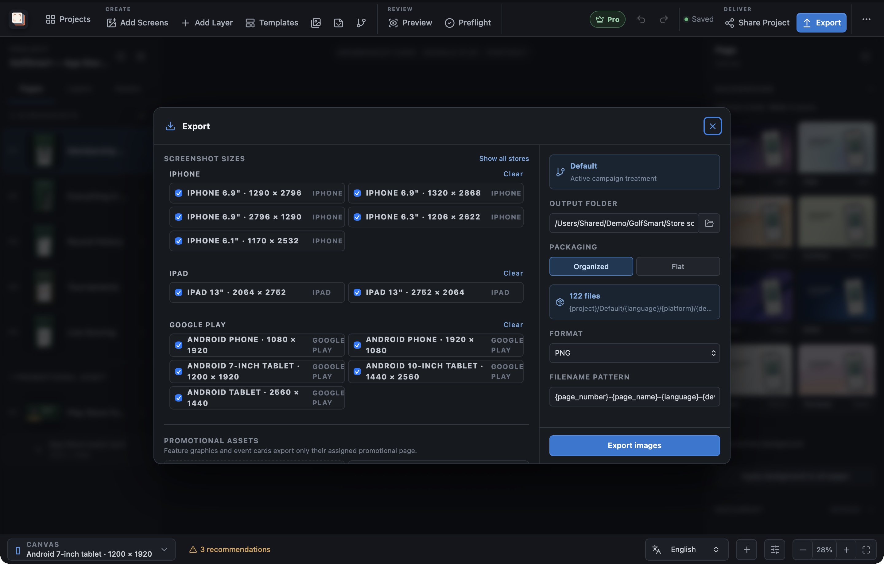 Screen Studio Kit export set to write 122 GolfSmart files across iPhone, iPad, and Google Play sizes in English and Norwegian