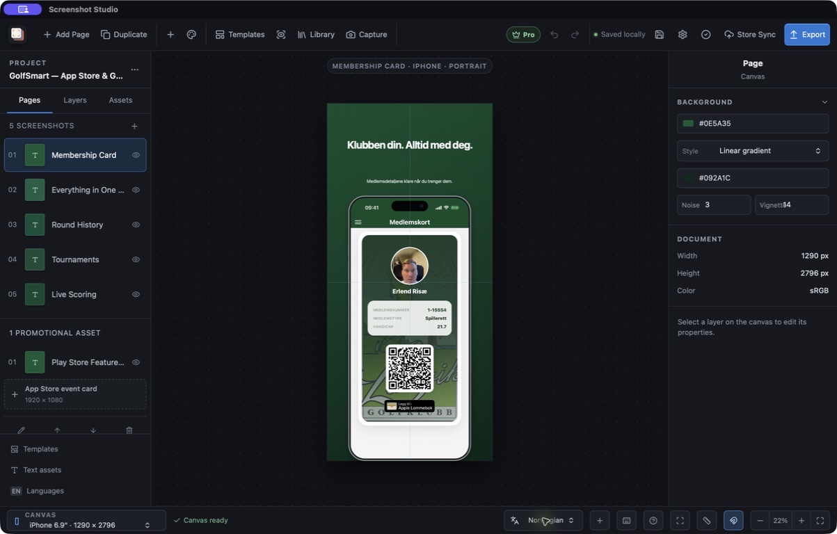 Screen Studio Kit showing Norwegian marketing copy and a Norwegian GolfSmart app capture in the editor