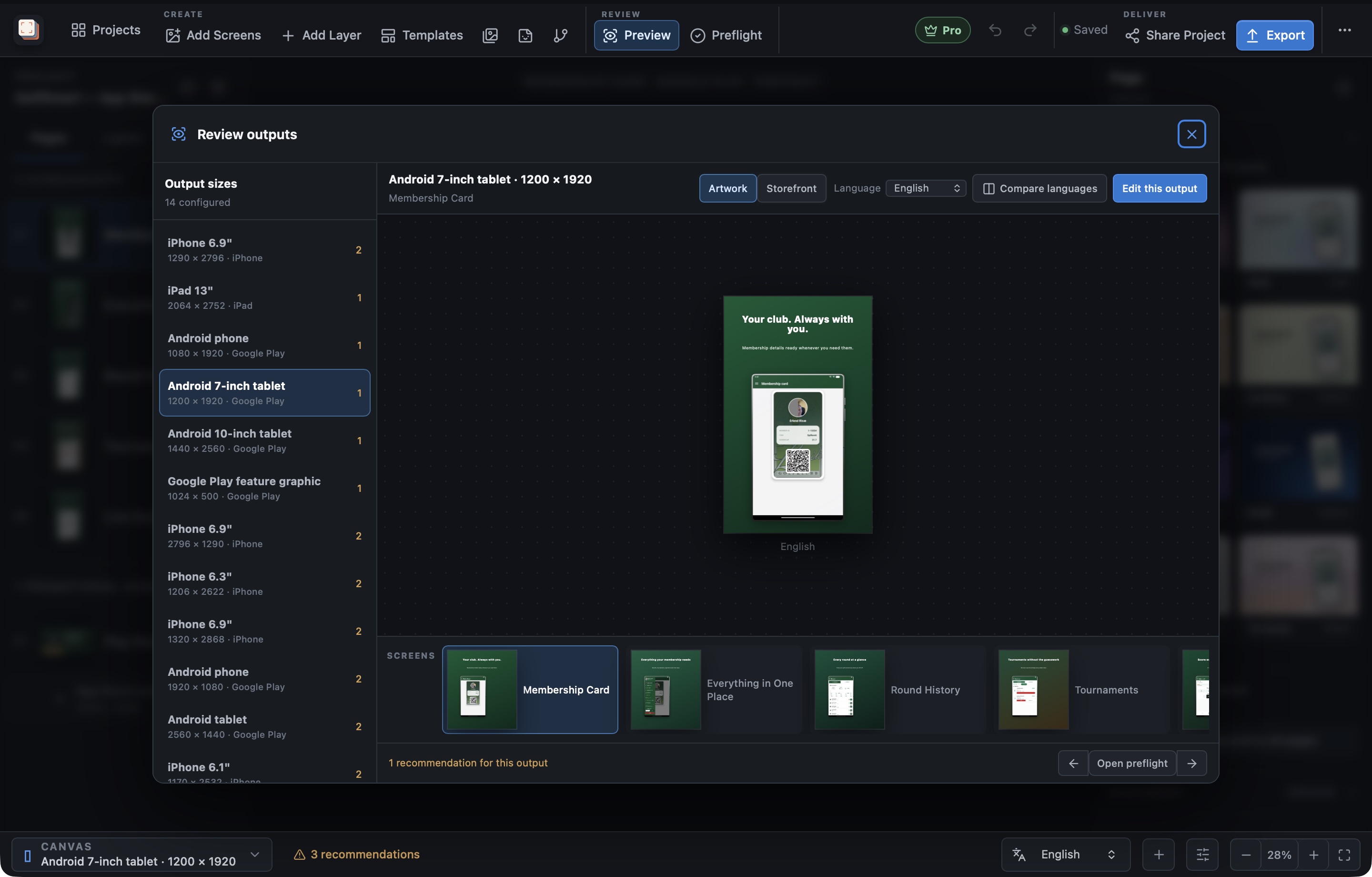 Screen Studio Kit output matrix with portrait and landscape store assets