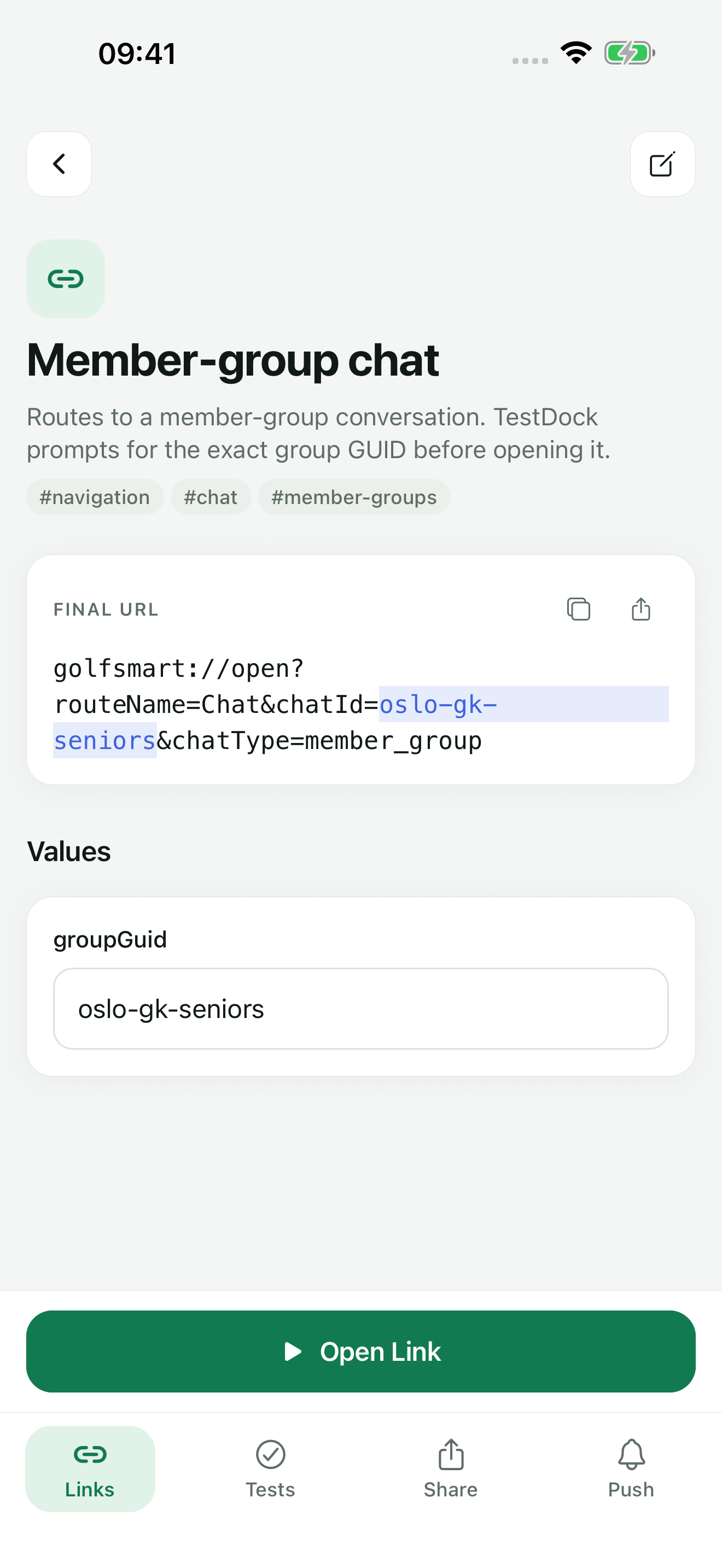 TestDock saved link screen with the Final URL and a value field