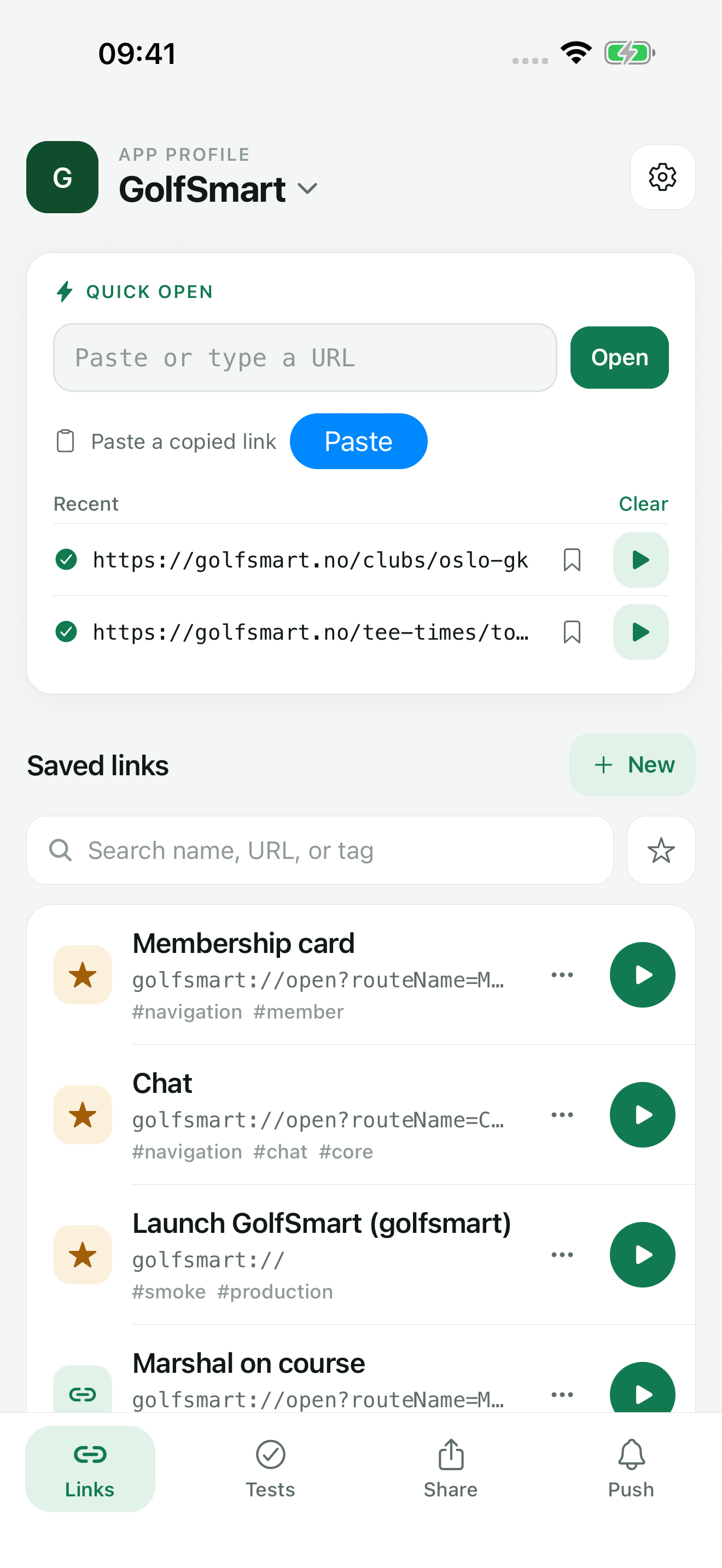 TestDock on iPhone showing Quick open, recent URLs, and saved links