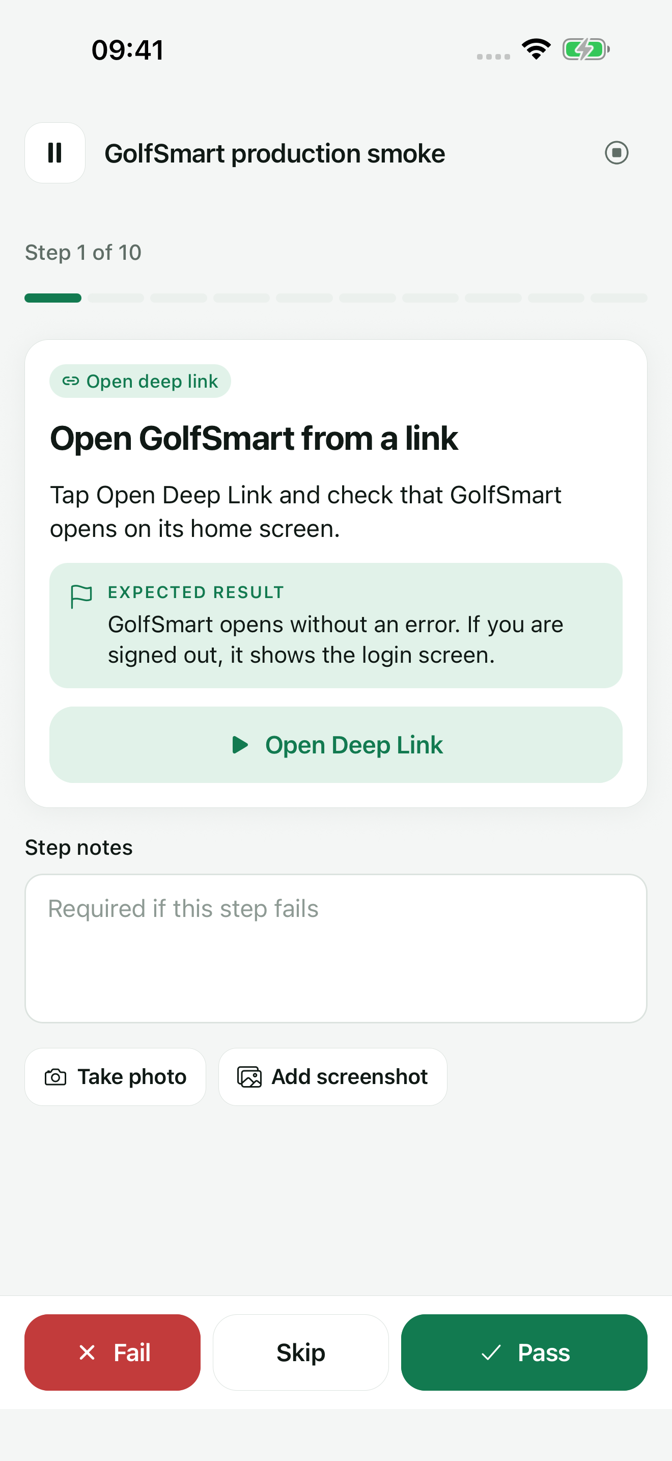 TestDock scenario run with an Open deep link step