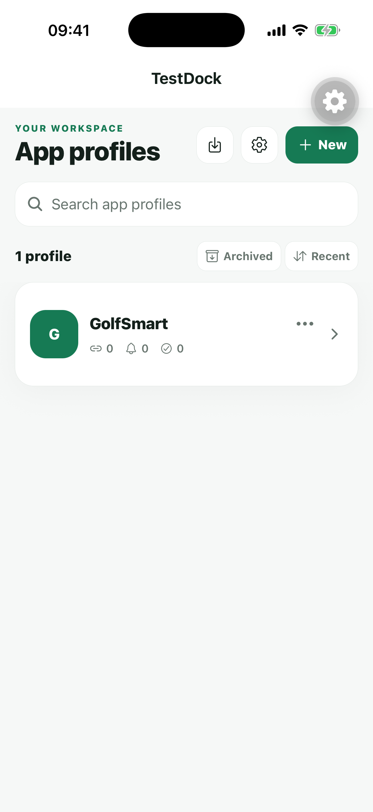 TestDock app profile list with import action
